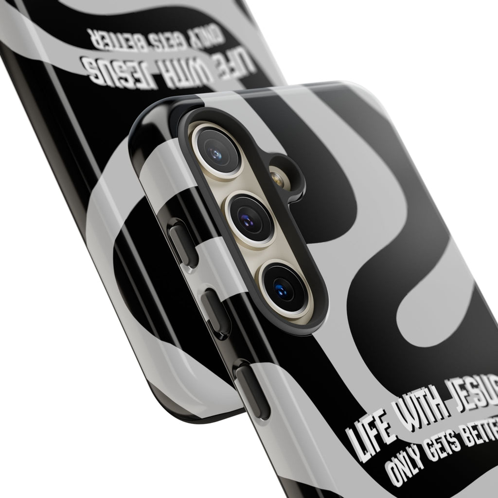 Christian iPhone Tough Case — "Life With Jesus Only Gets Better" Black & White Swirl Design