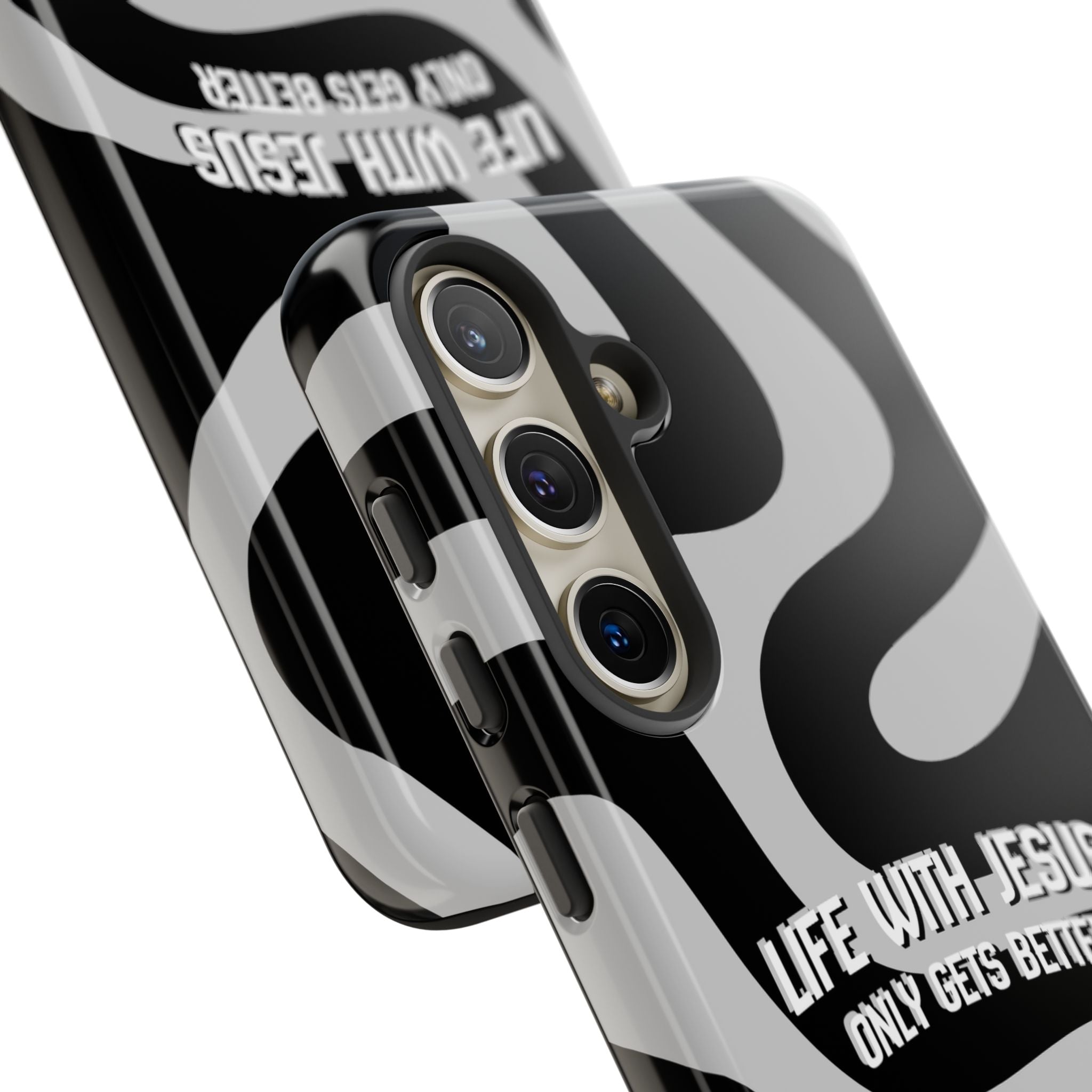 Christian iPhone Tough Case — "Life With Jesus Only Gets Better" Black & White Swirl Design
