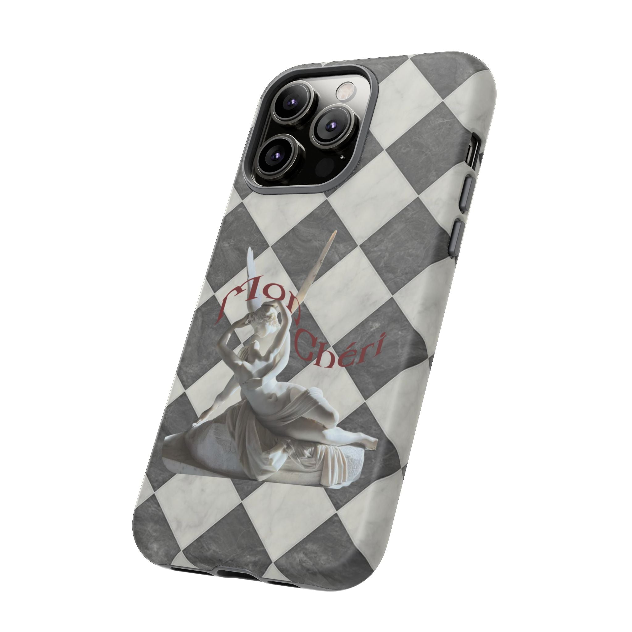 Phone Case — Vintage Harlequin Design with 'Mon Cheri' Statue Accent