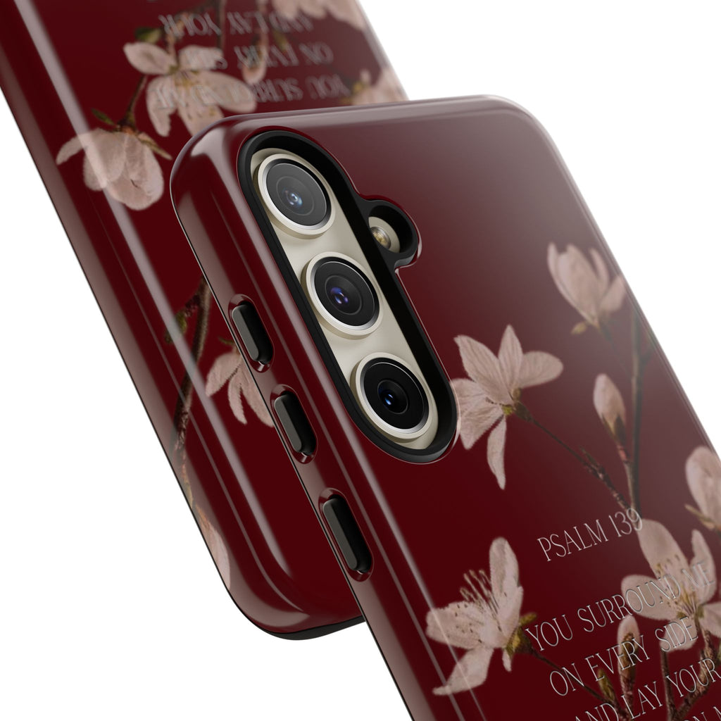 Floral Psalm Tough Phone Case — Burgundy Magnolia Branch with Psalm 139 Verse