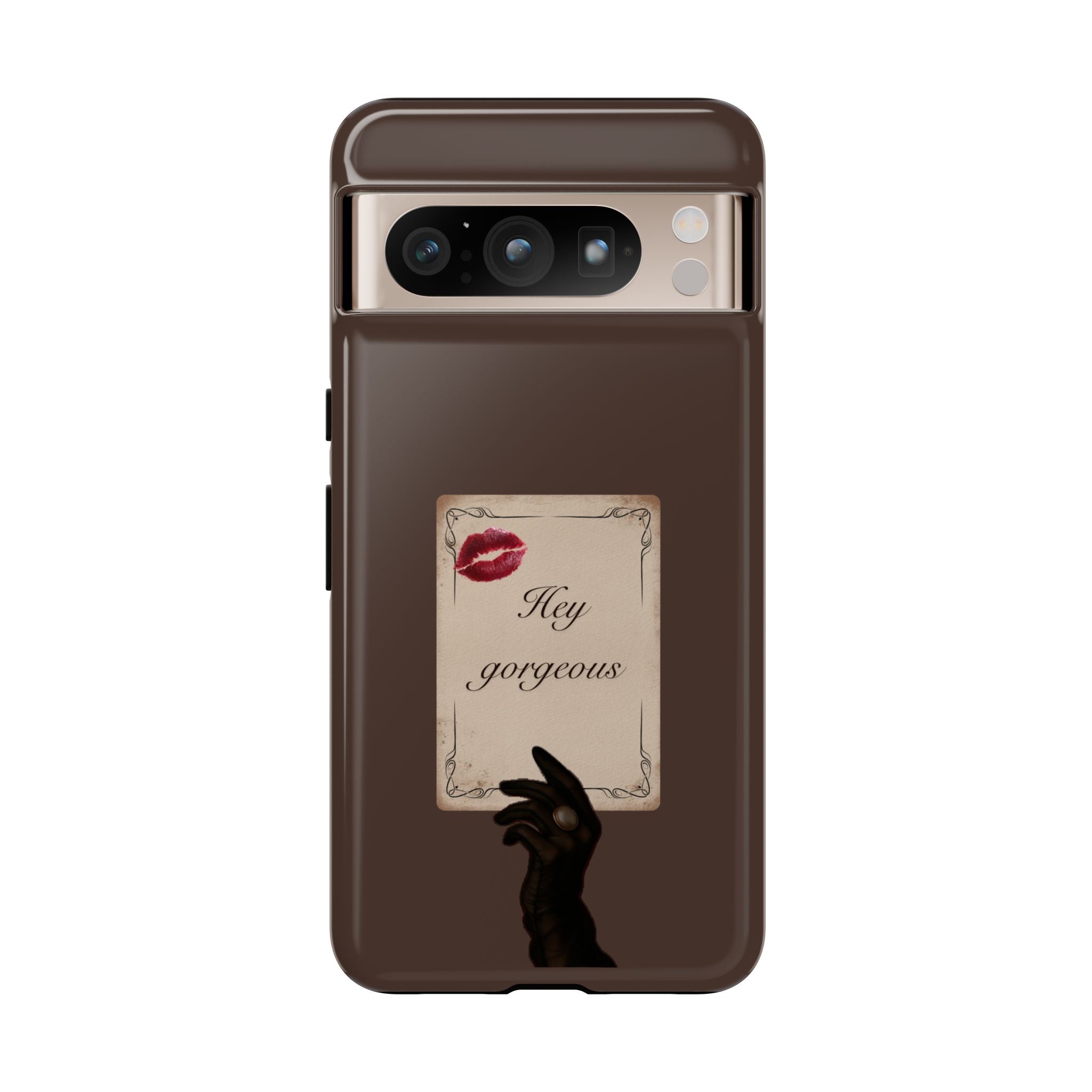 Hey Gorgeous Phone Case — Brown Lip Print & Shadow Hand Protective Cover