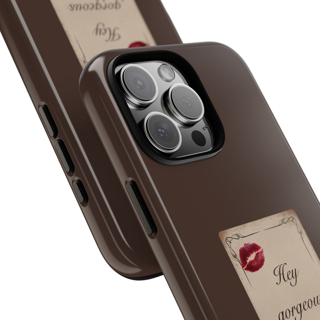 Hey Gorgeous Phone Case — Brown Lip Print & Shadow Hand Protective Cover