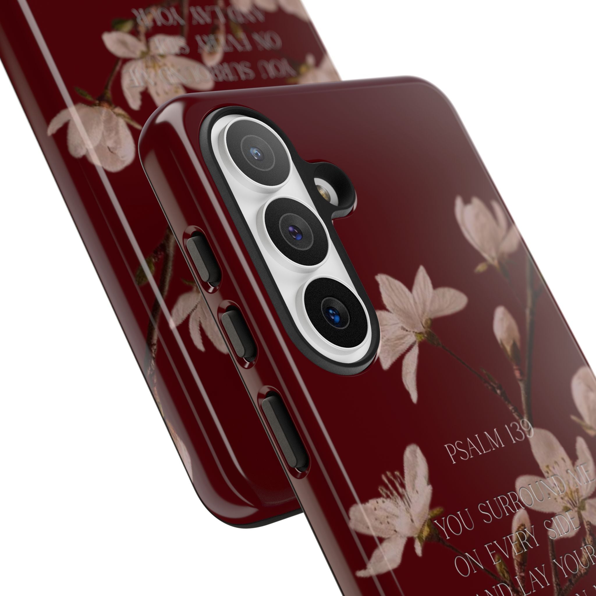 Floral Psalm Tough Phone Case — Burgundy Magnolia Branch with Psalm 139 Verse