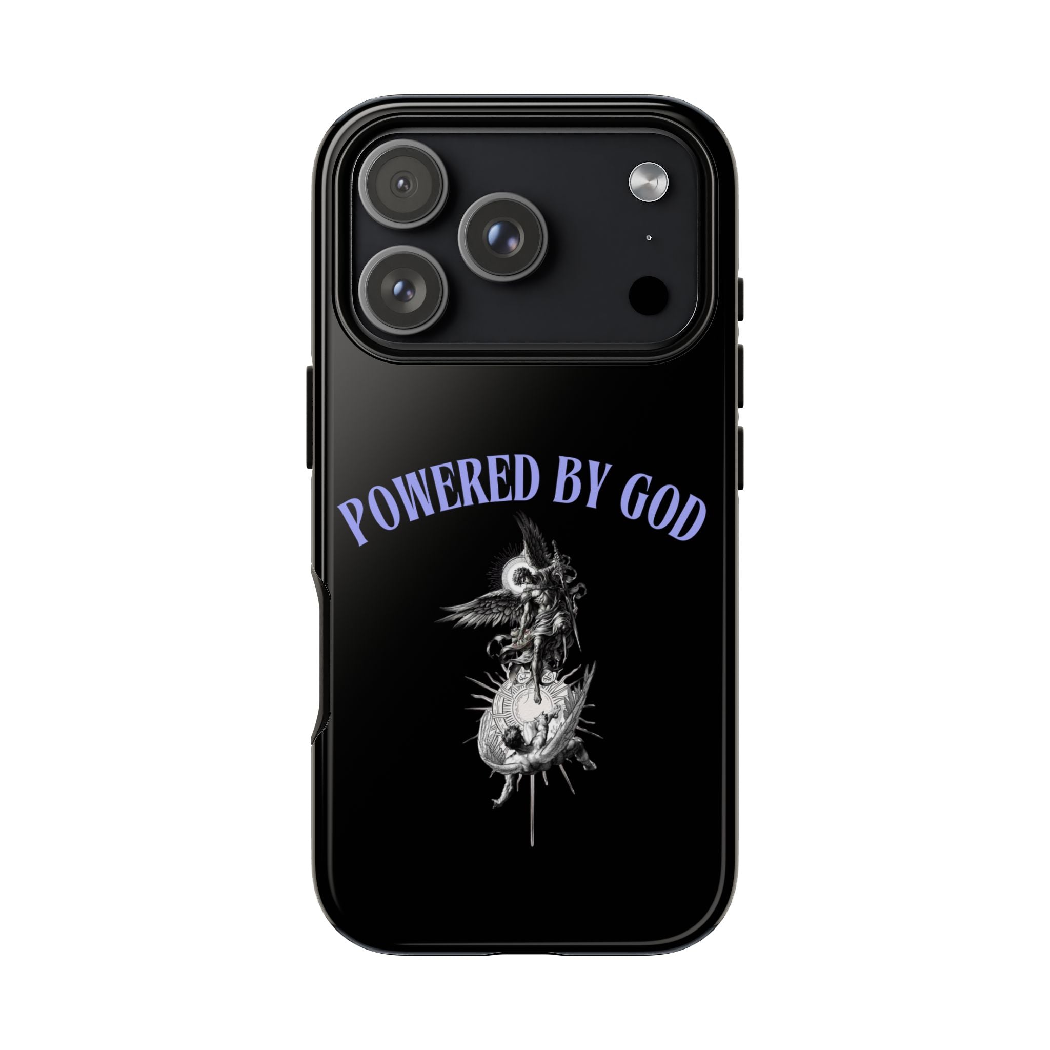 Phone Case — "Powered by God" Black Protective Case with Angelic Skull Design