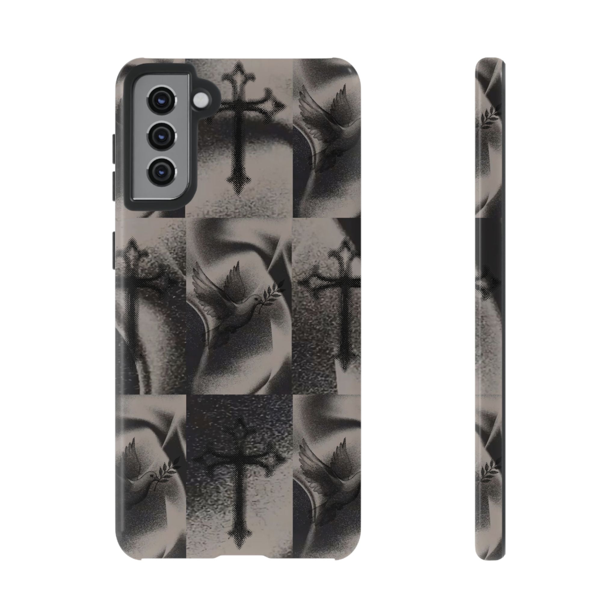 Gothic Cross & Dove Phone Case — Moody Checkerboard Protective Case