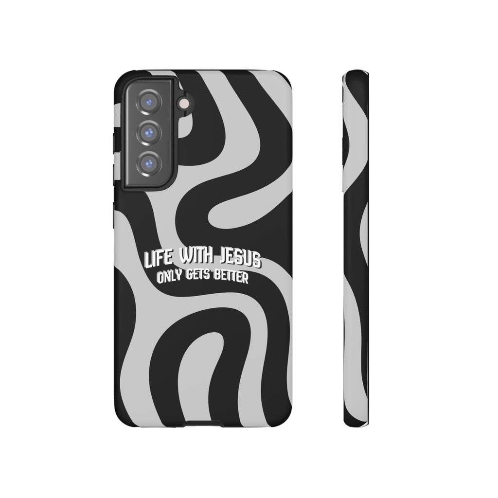 Christian iPhone Tough Case — "Life With Jesus Only Gets Better" Black & White Swirl Design