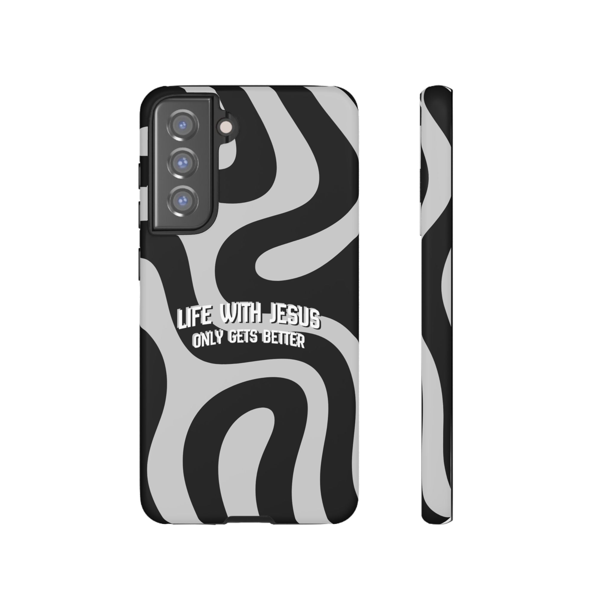 Christian iPhone Tough Case — "Life With Jesus Only Gets Better" Black & White Swirl Design