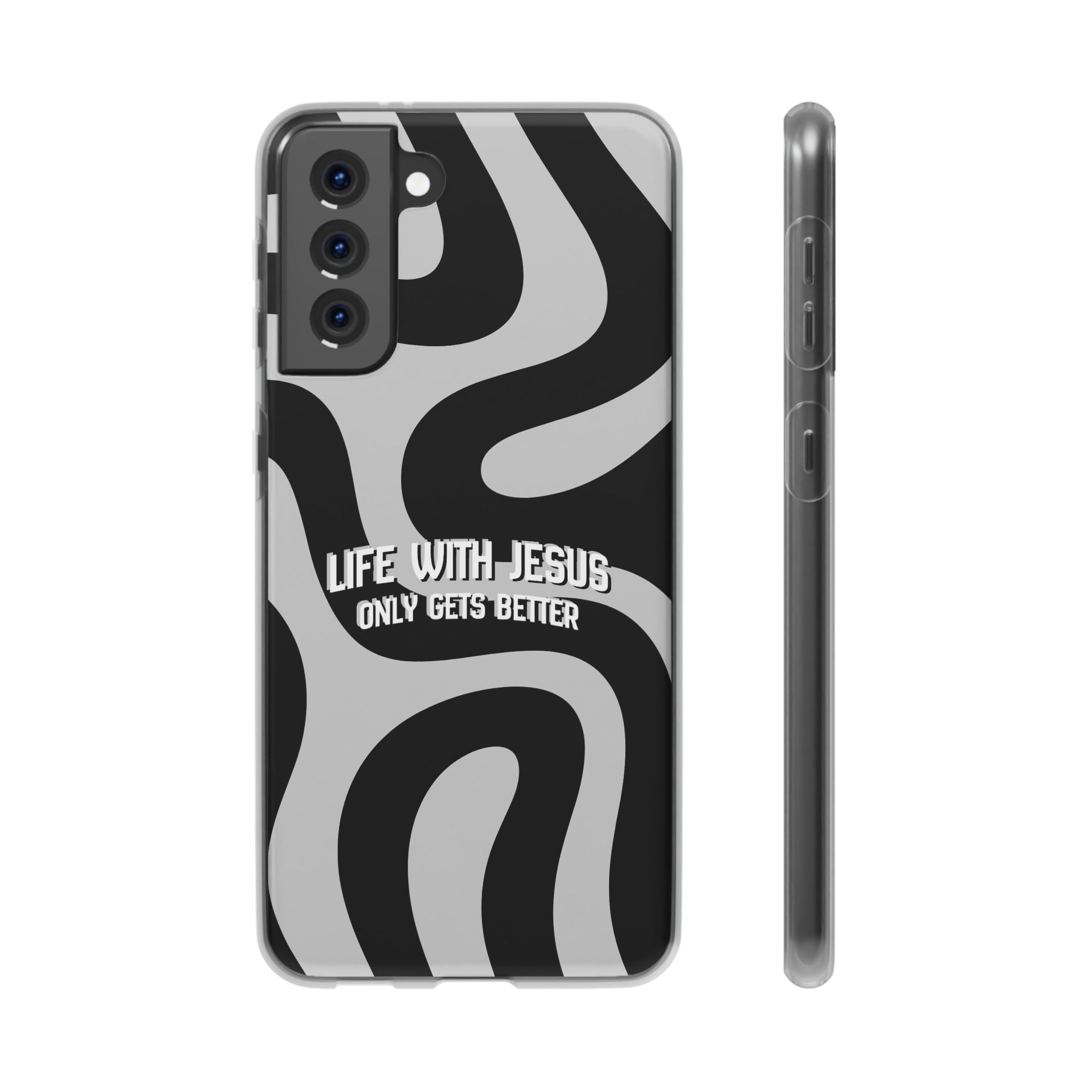 Religious Phone Case — "Life With Jesus Only Gets Better" Black & White Swirl Flexi Case