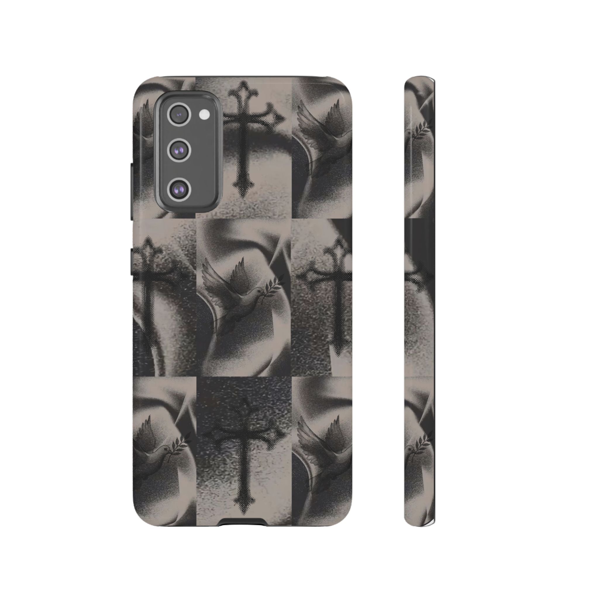 Gothic Cross & Dove Phone Case — Moody Checkerboard Protective Case