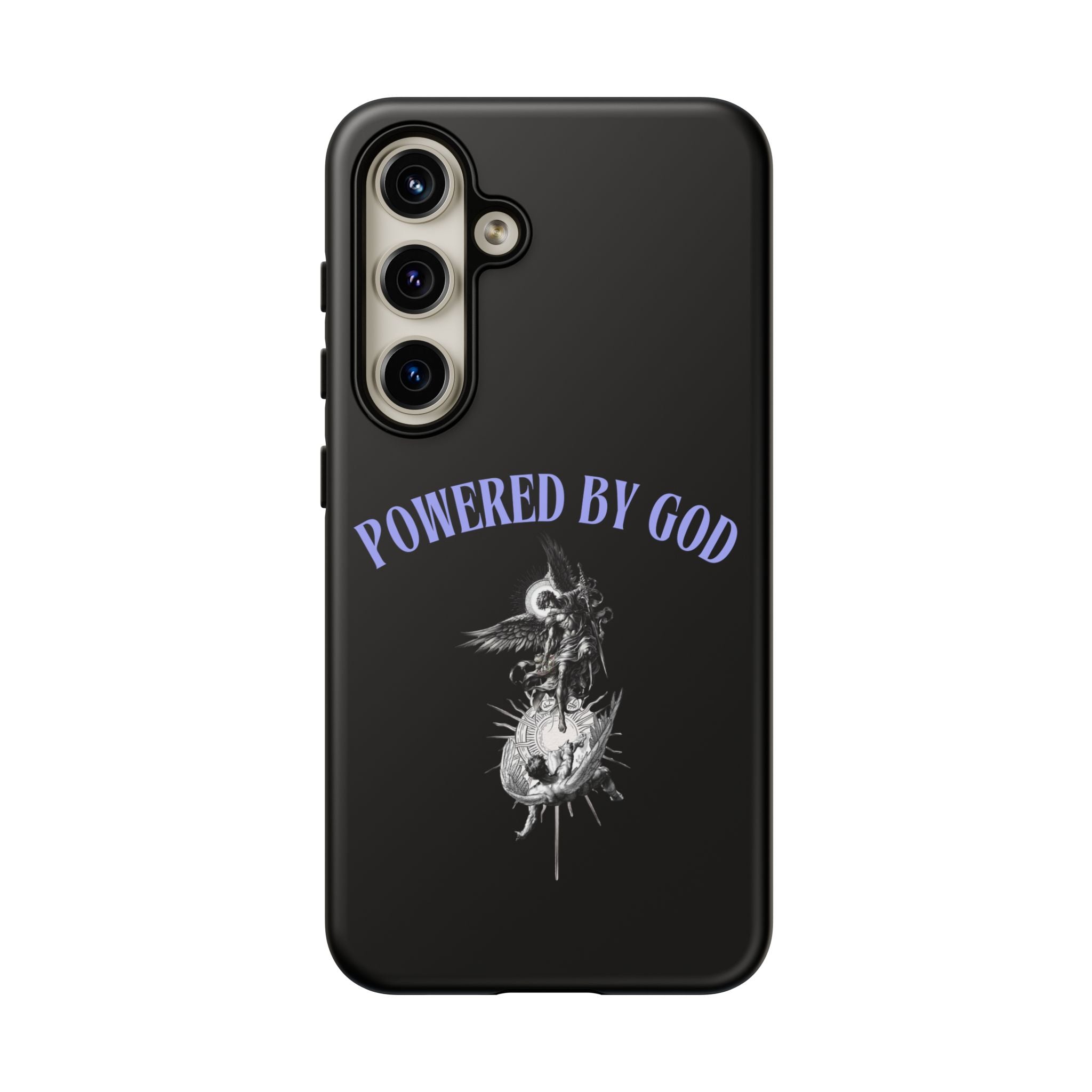 Phone Case — "Powered by God" Black Protective Case with Angelic Skull Design