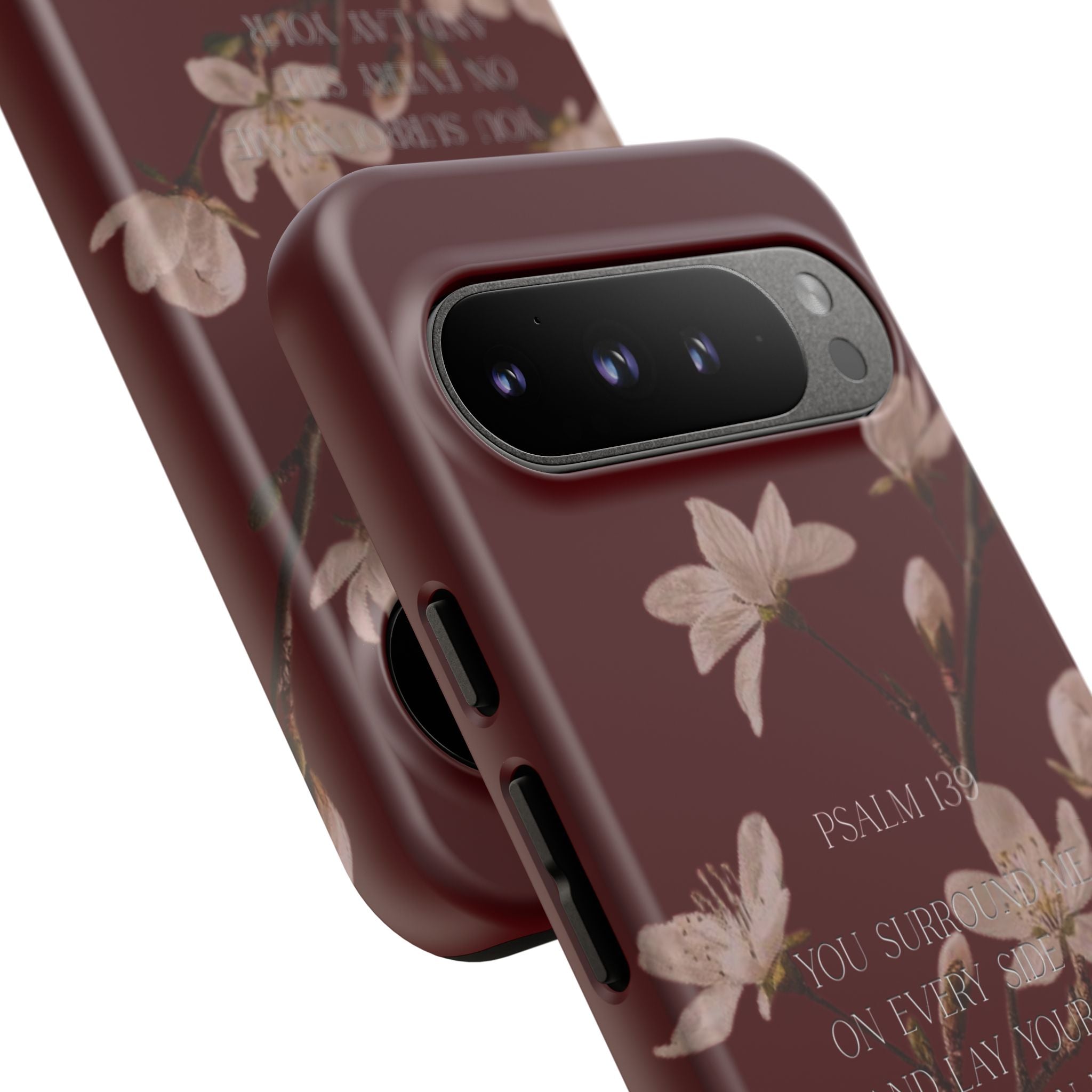 Floral Psalm Tough Phone Case — Burgundy Magnolia Branch with Psalm 139 Verse