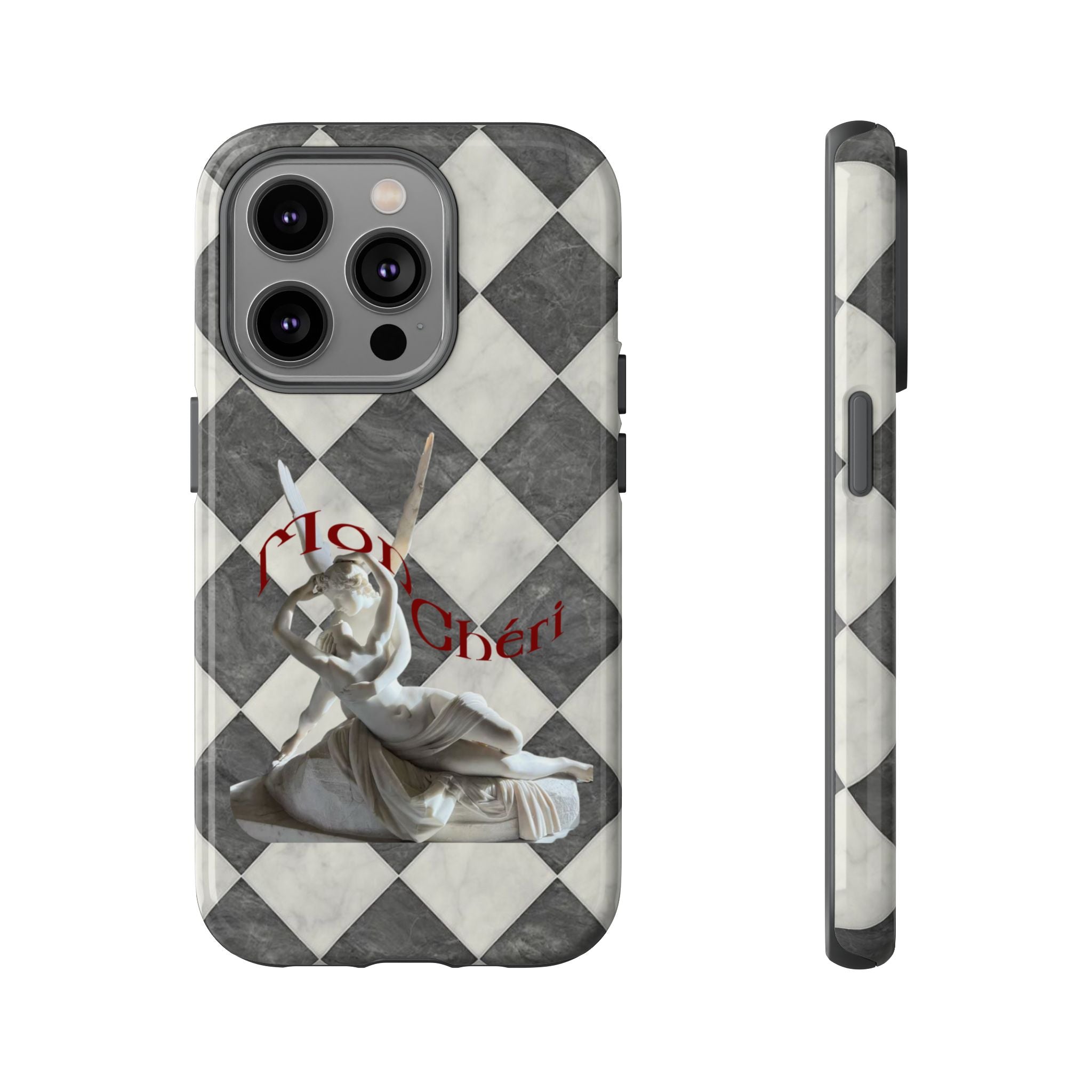 Phone Case — Vintage Harlequin Design with 'Mon Cheri' Statue Accent
