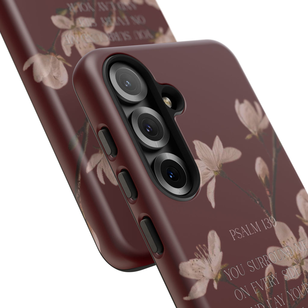 Floral Psalm Tough Phone Case — Burgundy Magnolia Branch with Psalm 139 Verse