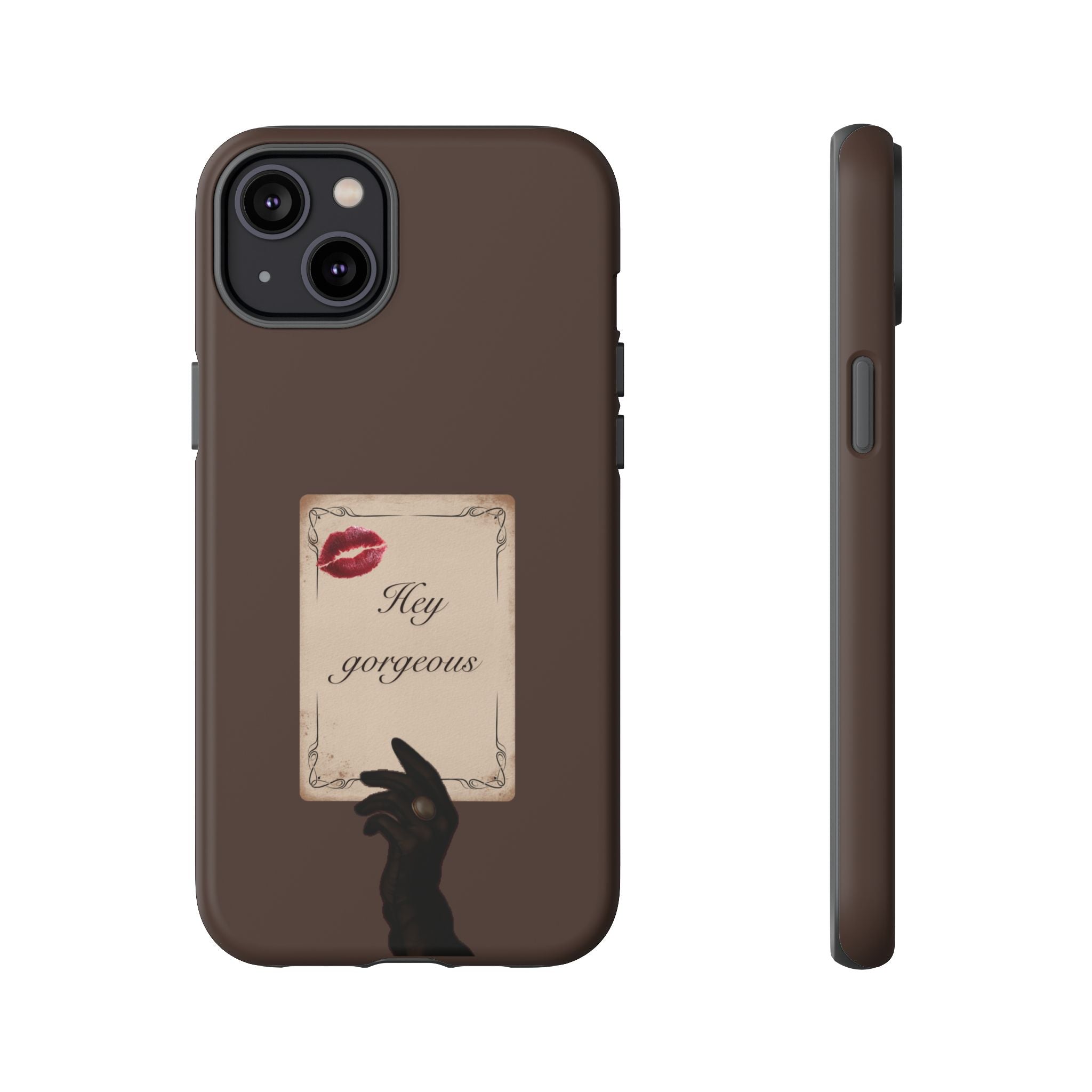 Hey Gorgeous Phone Case — Brown Lip Print & Shadow Hand Protective Cover