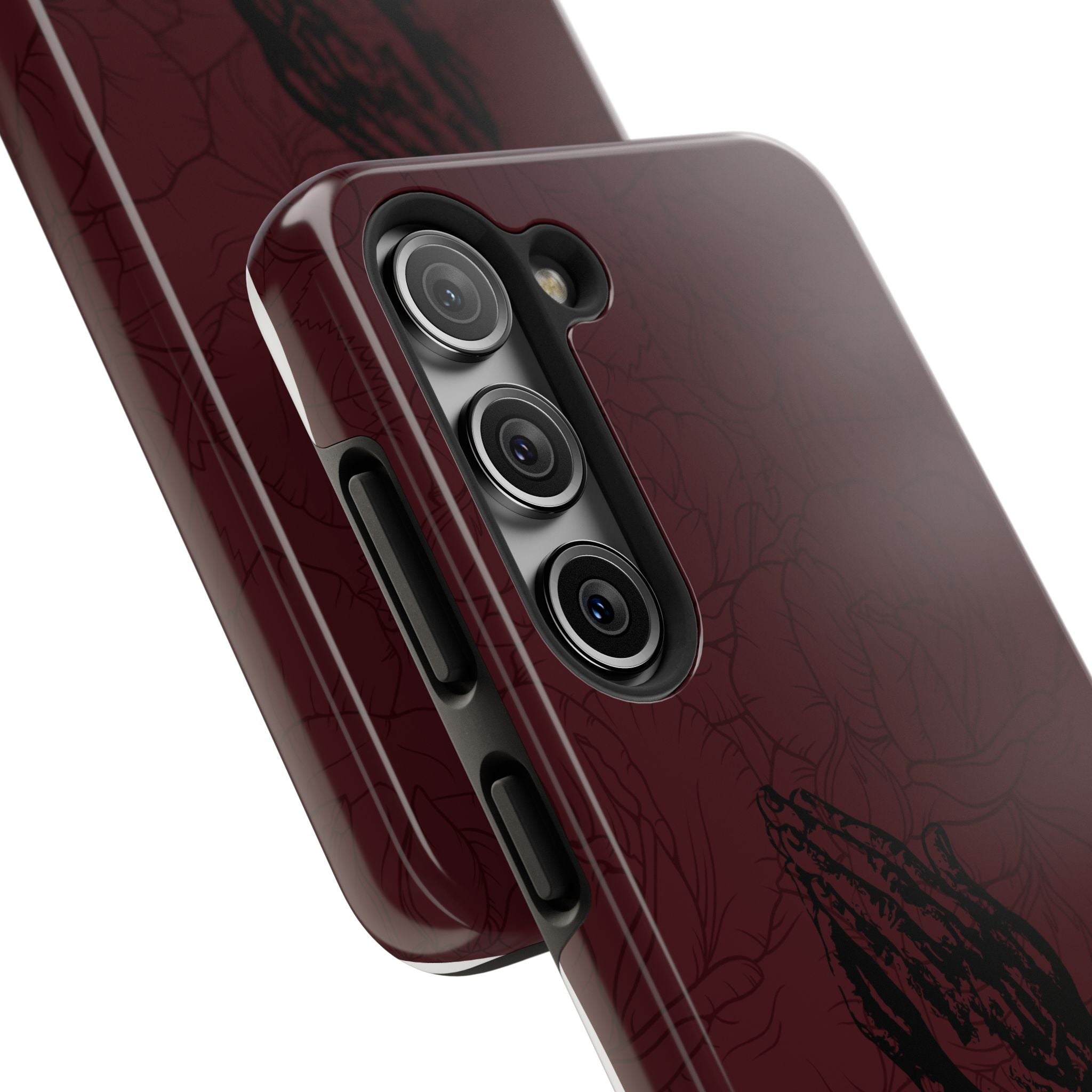 Burgundy Praying Hands Tough Phone Case – Floral Background, Religious Protective Cover