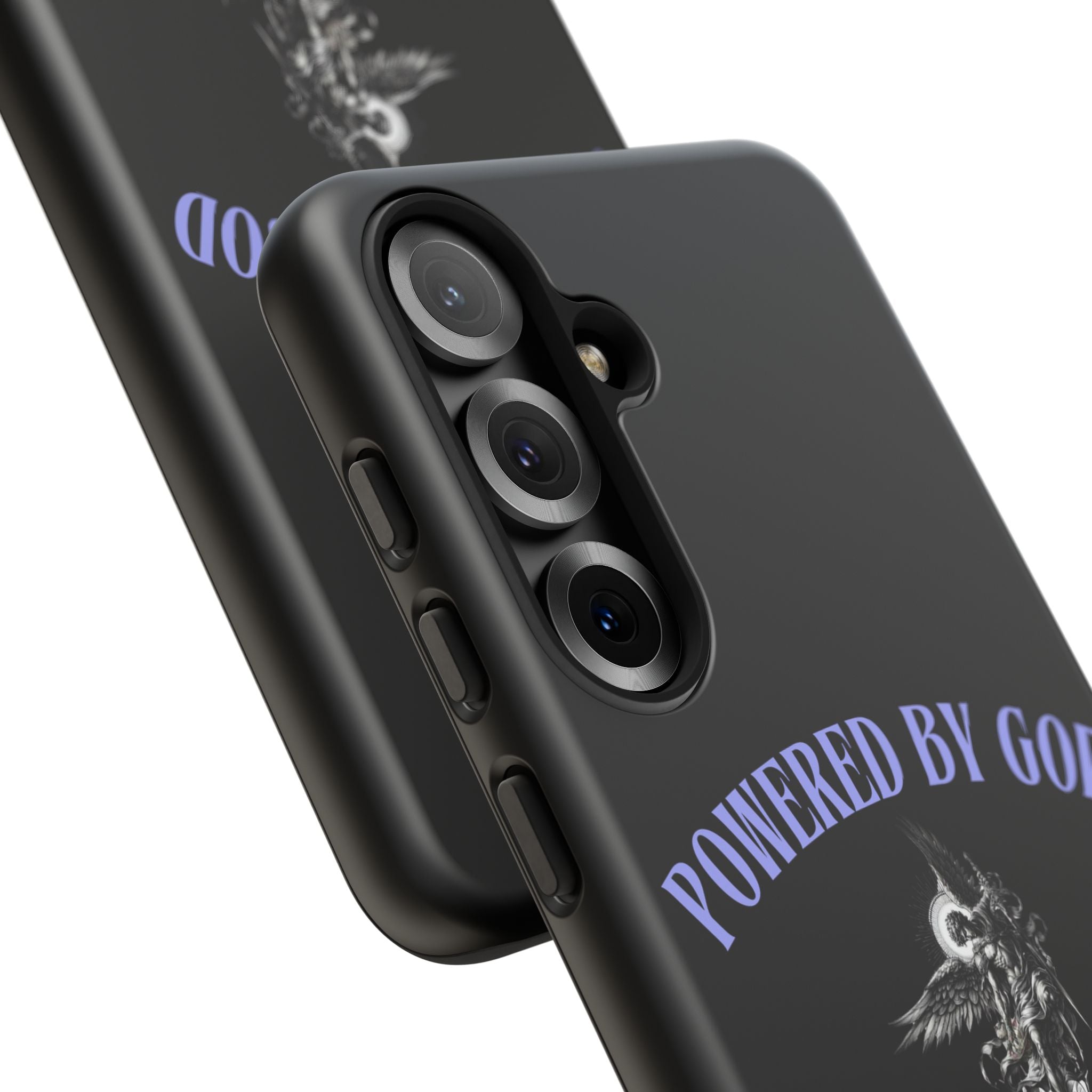 Phone Case — "Powered by God" Black Protective Case with Angelic Skull Design