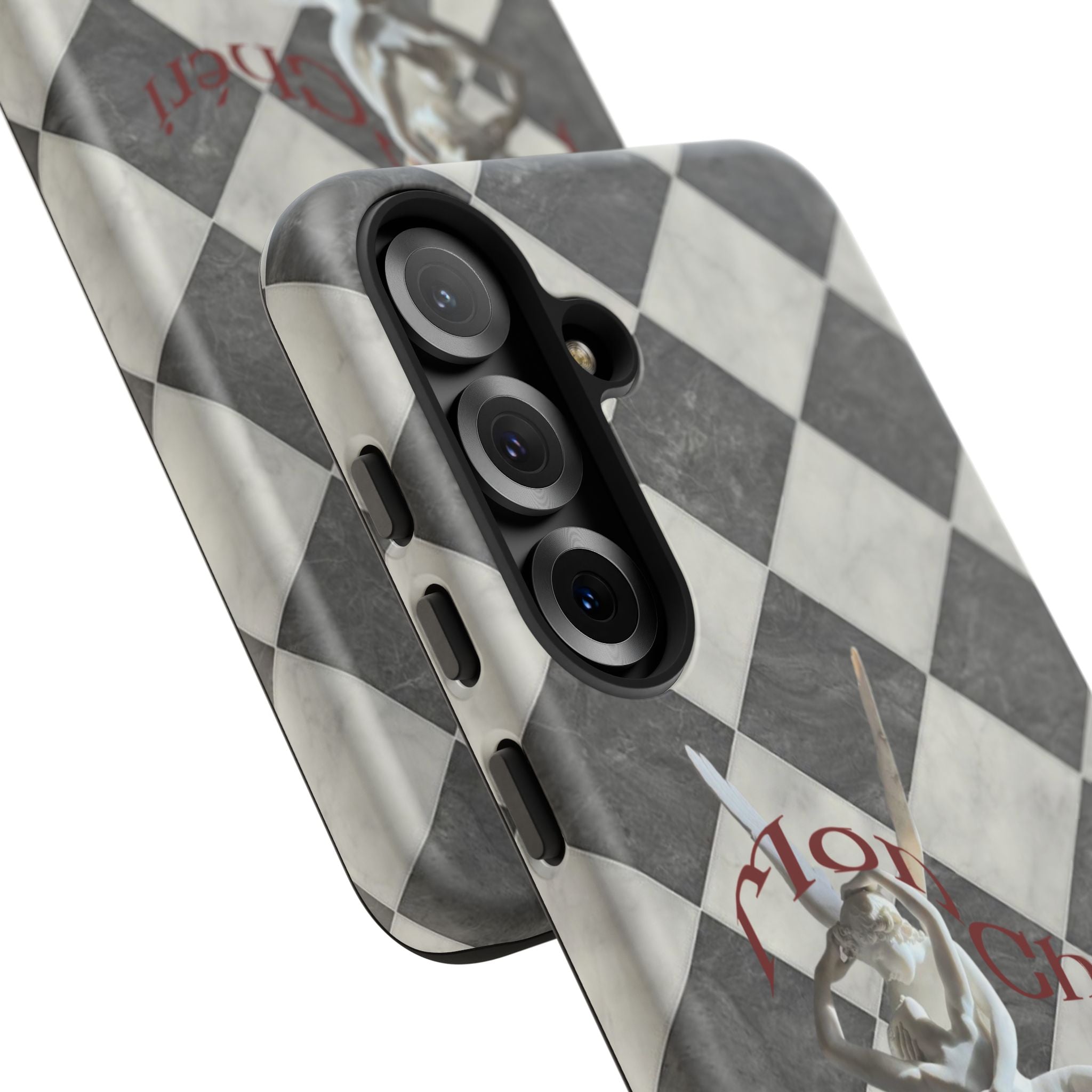 Phone Case — Vintage Harlequin Design with 'Mon Cheri' Statue Accent