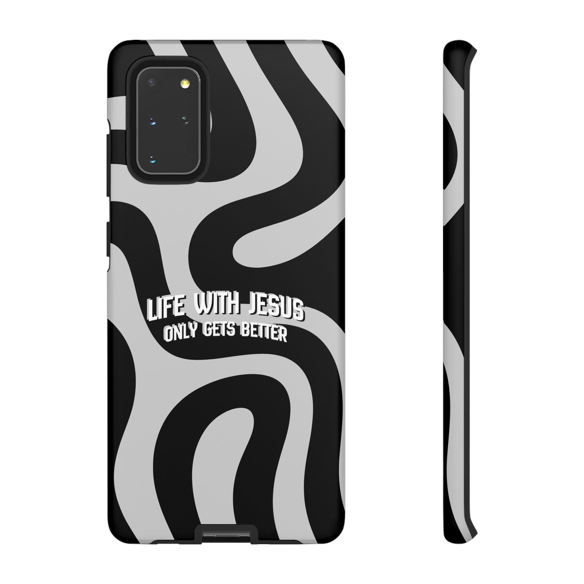 Christian iPhone Tough Case — "Life With Jesus Only Gets Better" Black & White Swirl Design