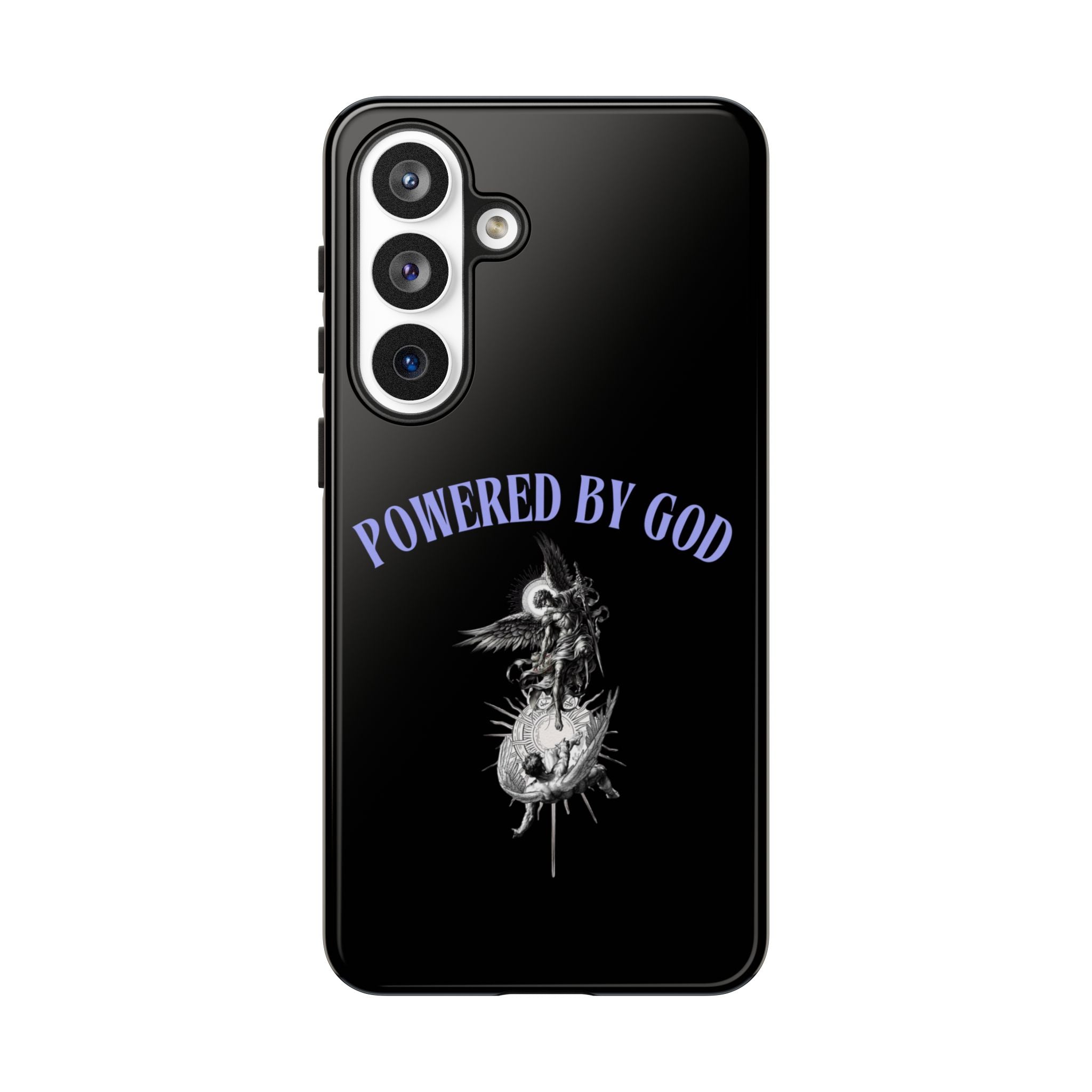 Phone Case — "Powered by God" Black Protective Case with Angelic Skull Design