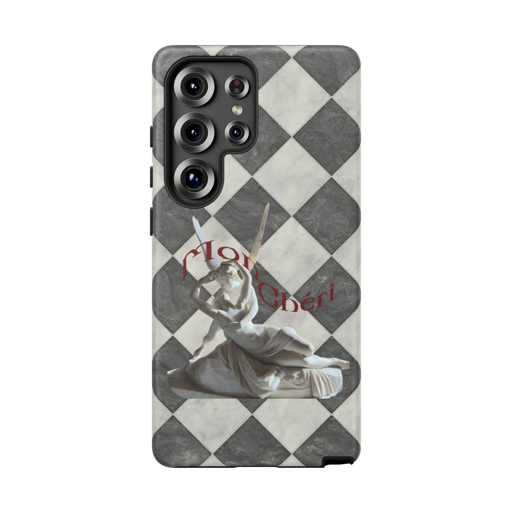 Phone Case — Vintage Harlequin Design with 'Mon Cheri' Statue Accent