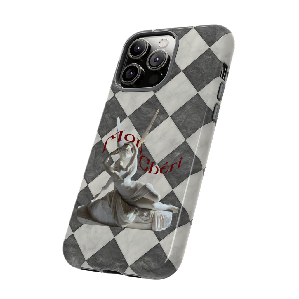 Phone Case — Vintage Harlequin Design with 'Mon Cheri' Statue Accent