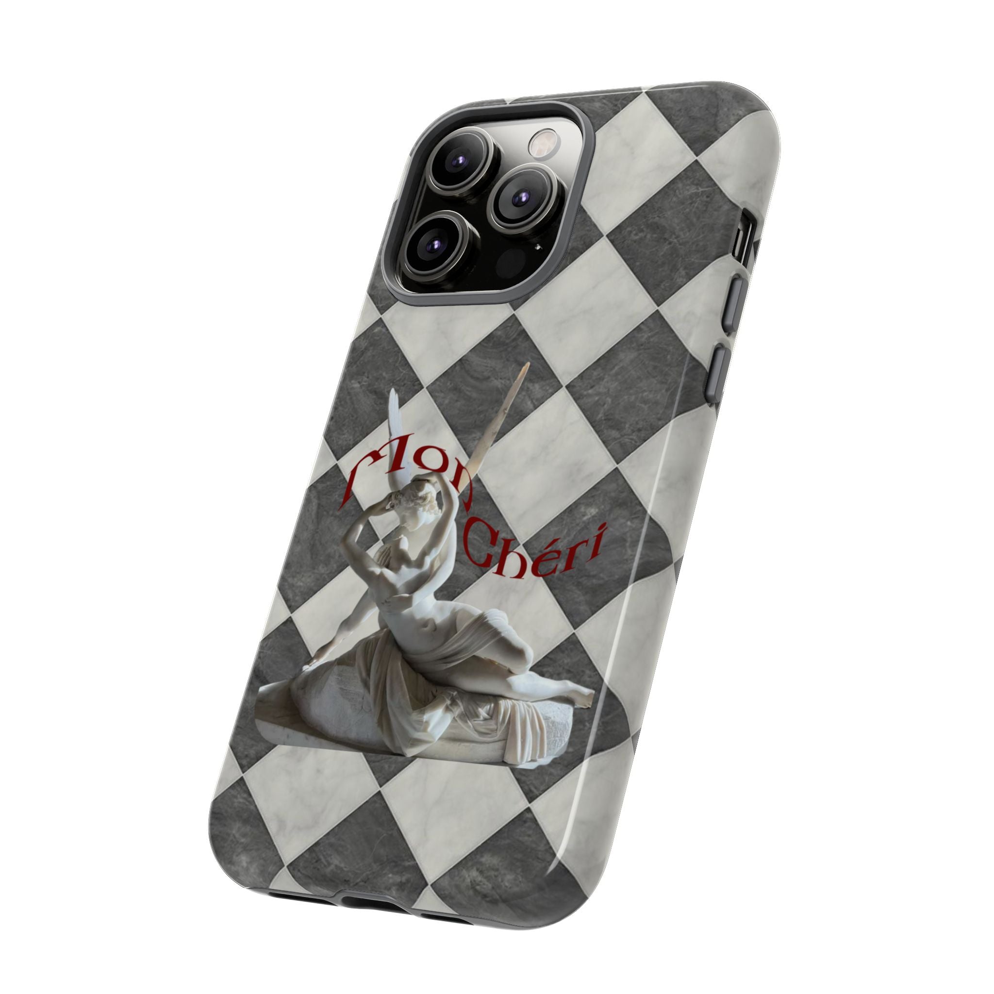 Phone Case — Vintage Harlequin Design with 'Mon Cheri' Statue Accent