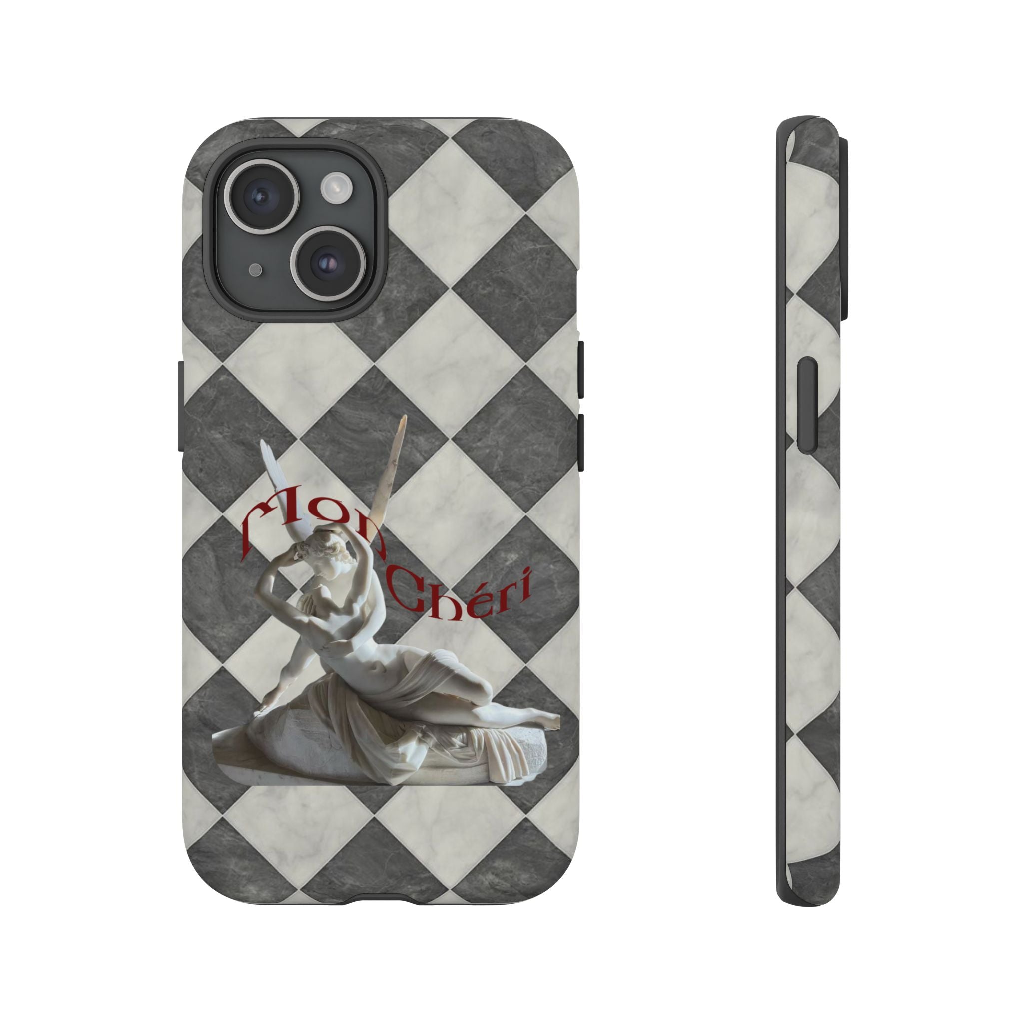 Phone Case — Vintage Harlequin Design with 'Mon Cheri' Statue Accent