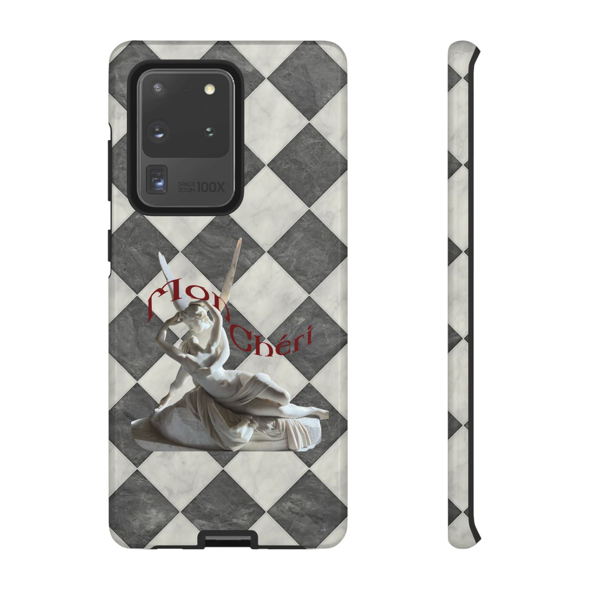 Phone Case — Vintage Harlequin Design with 'Mon Cheri' Statue Accent