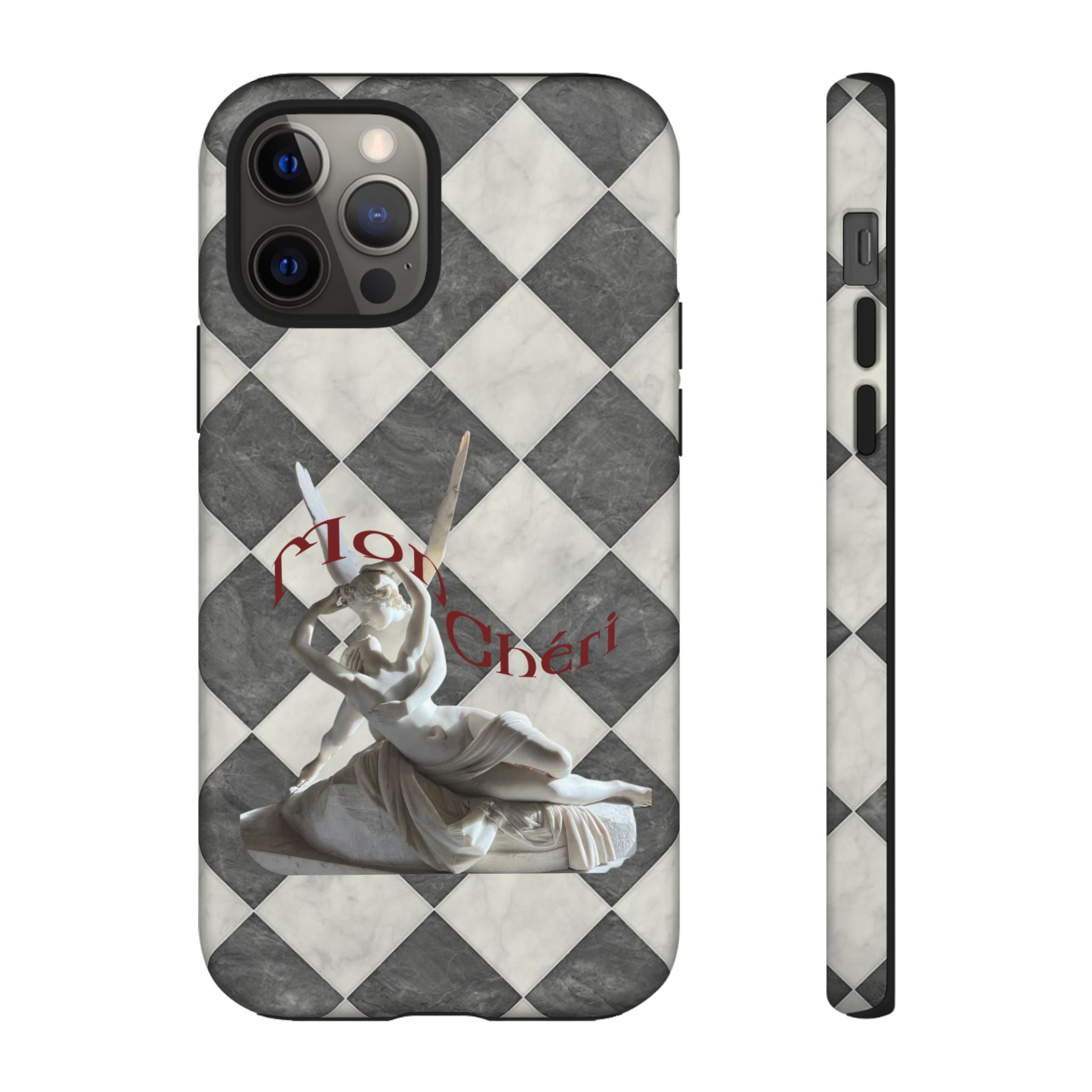 Phone Case — Vintage Harlequin Design with 'Mon Cheri' Statue Accent