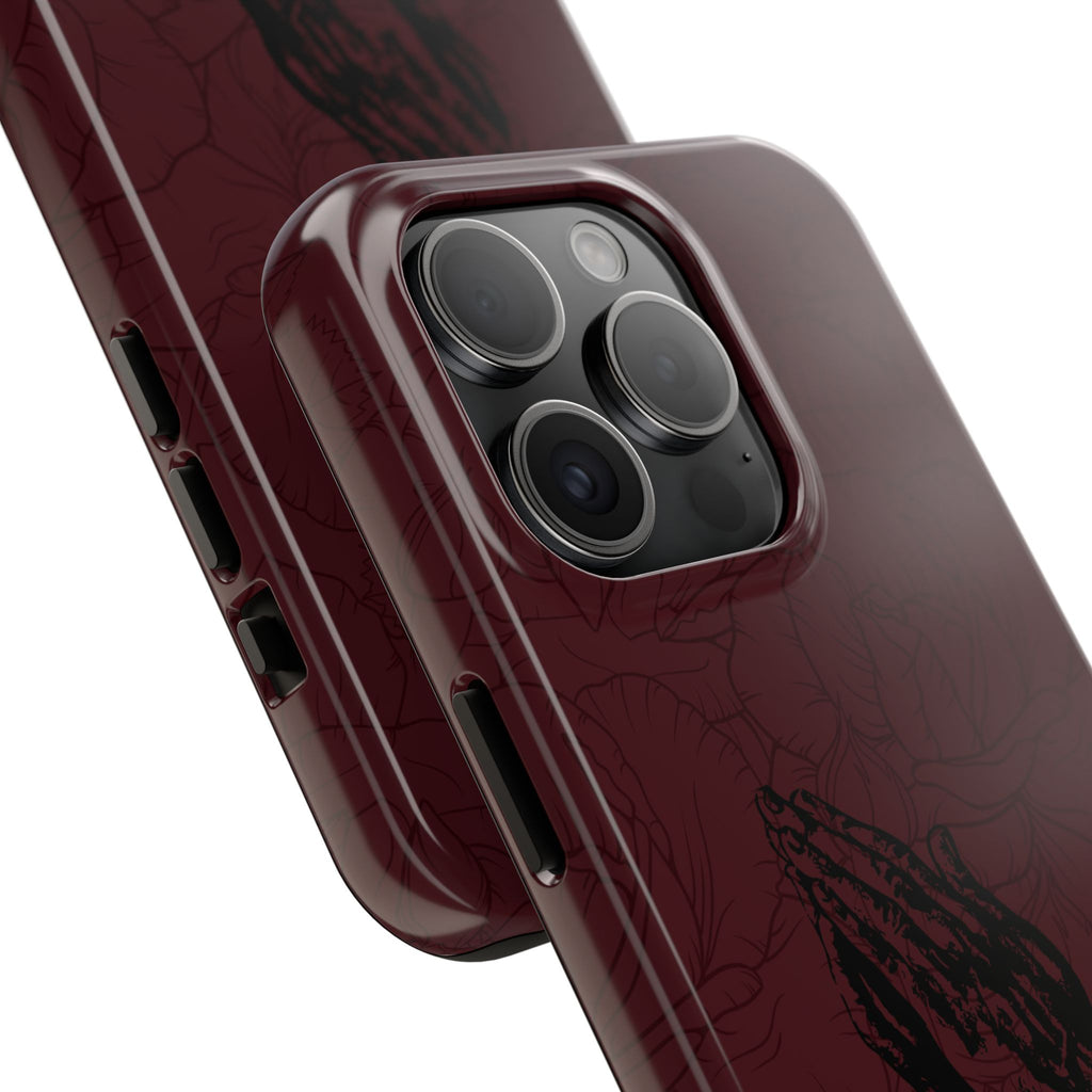 Burgundy Praying Hands Tough Phone Case – Floral Background, Religious Protective Cover