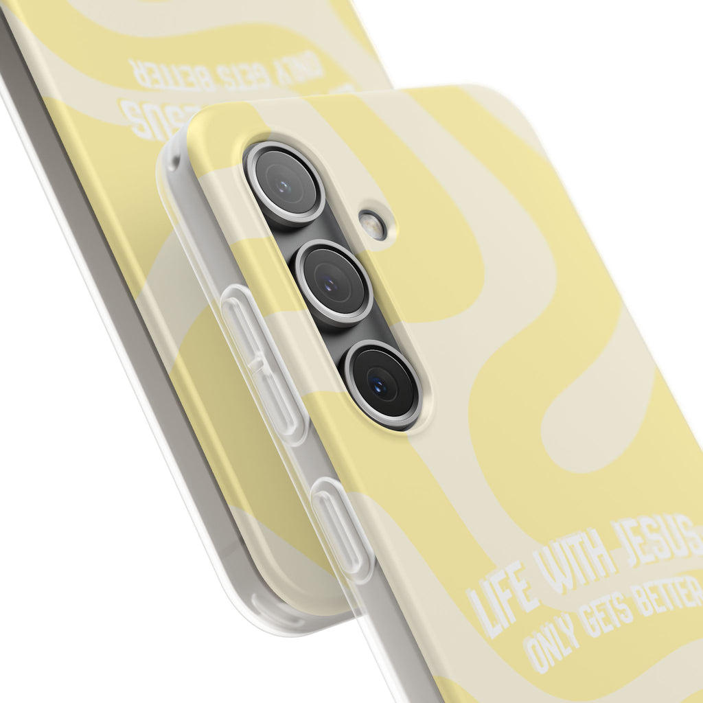 Christian Phone Case - "Life With Jesus Only Gets Better" Yellow Swirl Flexi Case
