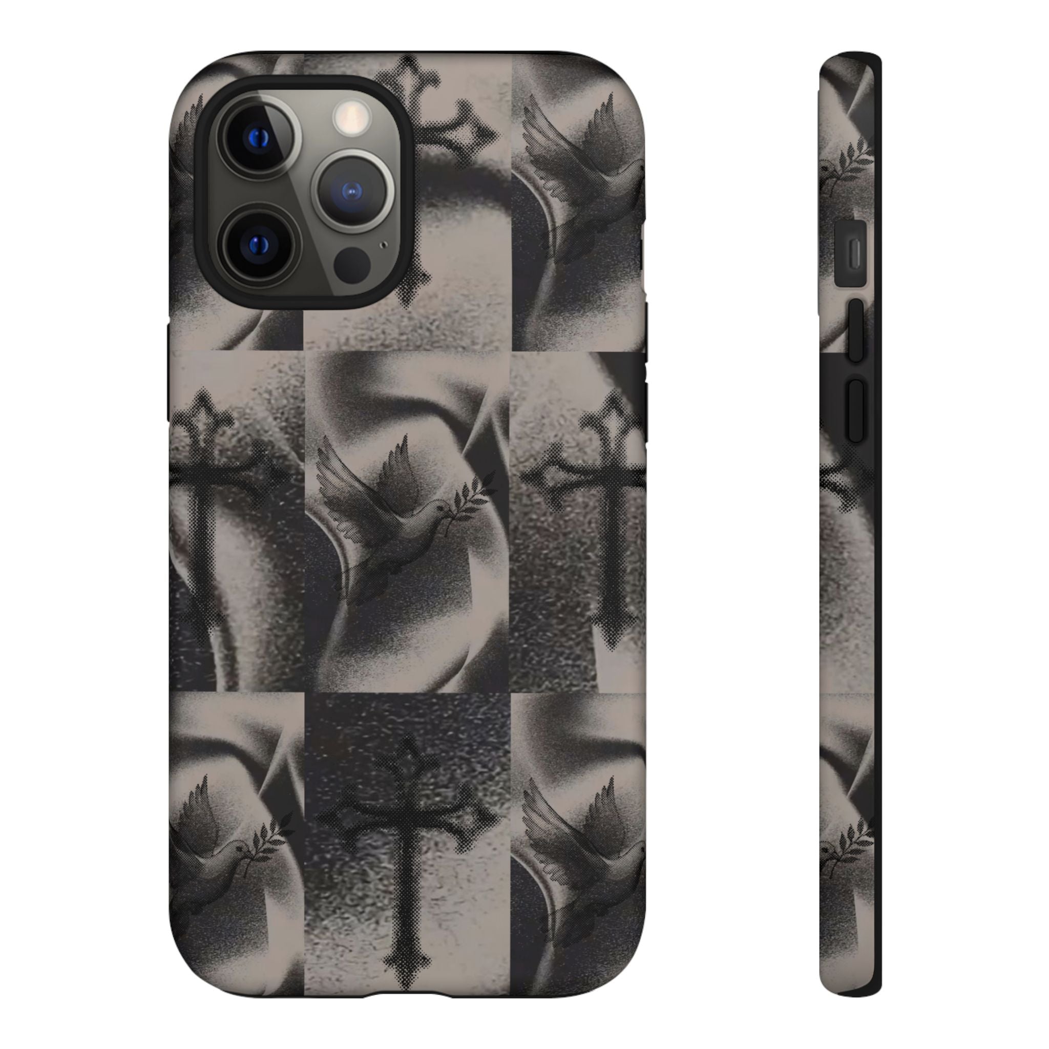 Gothic Cross & Dove Phone Case — Moody Checkerboard Protective Case