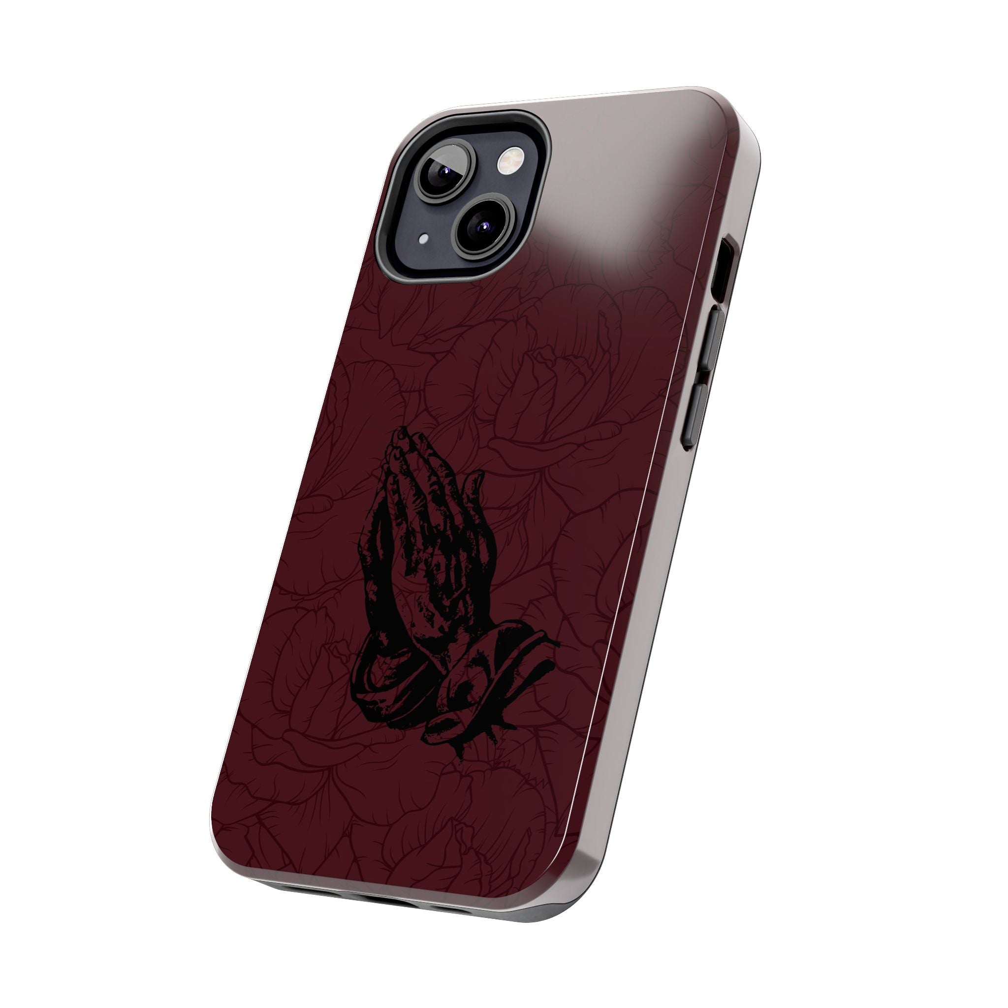 Burgundy Praying Hands Tough Phone Case – Floral Background, Religious Protective Cover