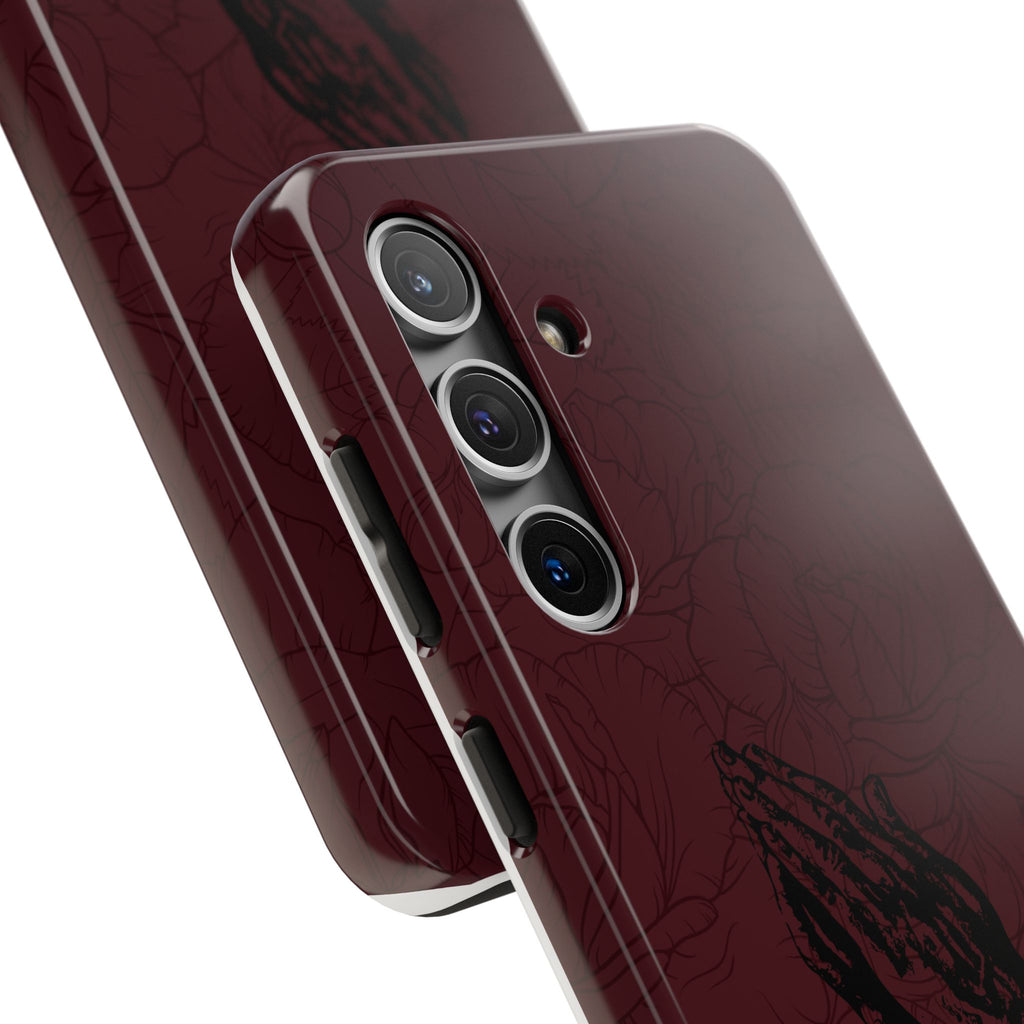 Burgundy Praying Hands Tough Phone Case – Floral Background, Religious Protective Cover