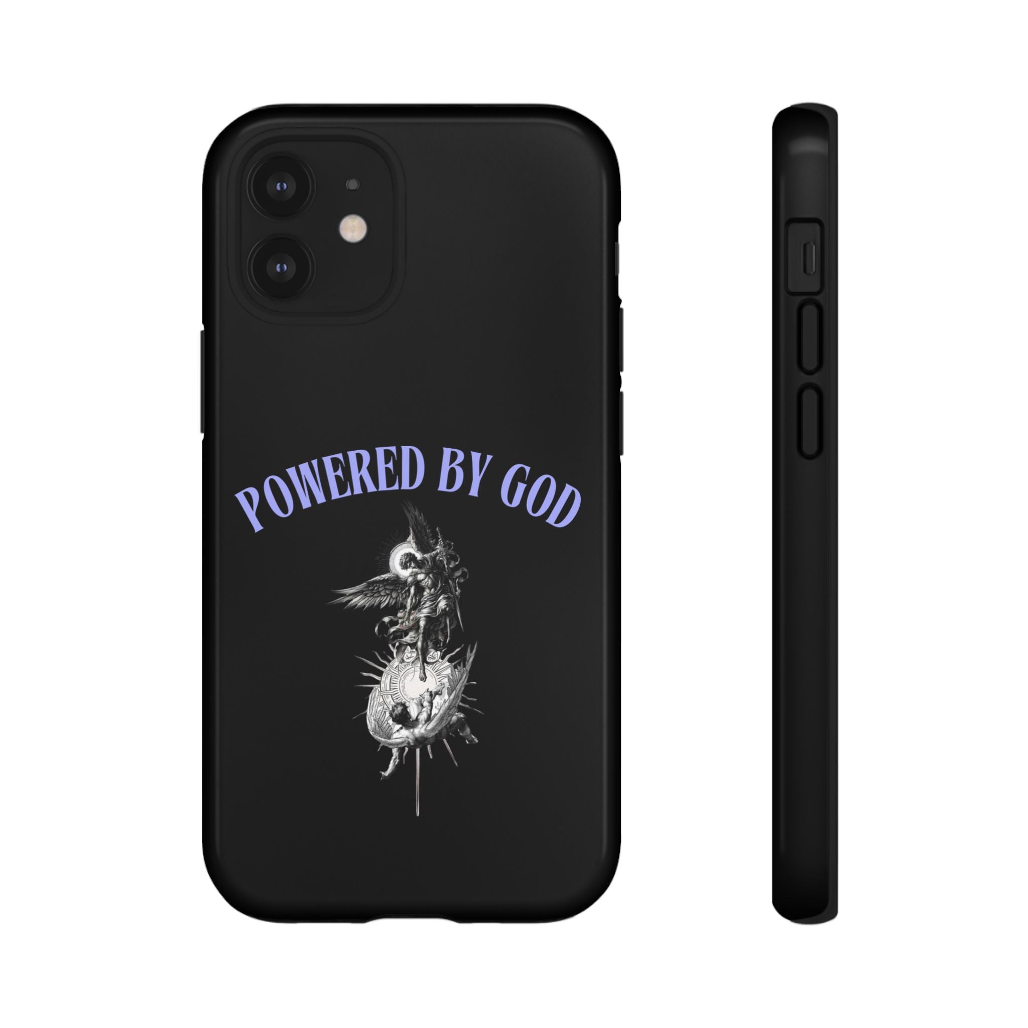 Phone Case — "Powered by God" Black Protective Case with Angelic Skull Design