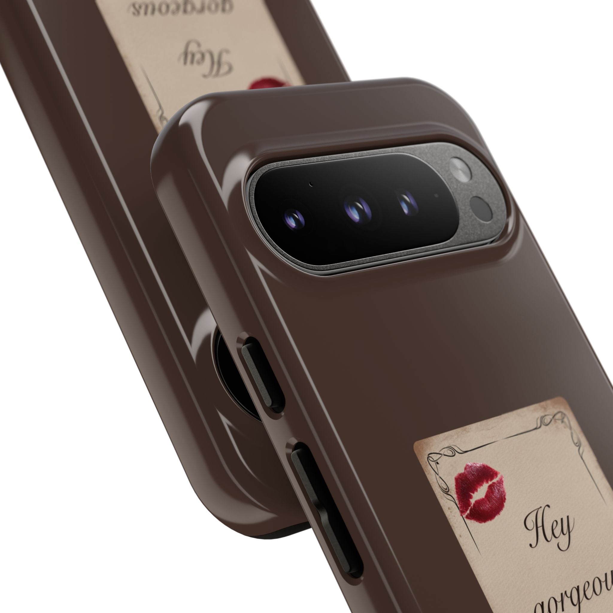 Hey Gorgeous Phone Case — Brown Lip Print & Shadow Hand Protective Cover