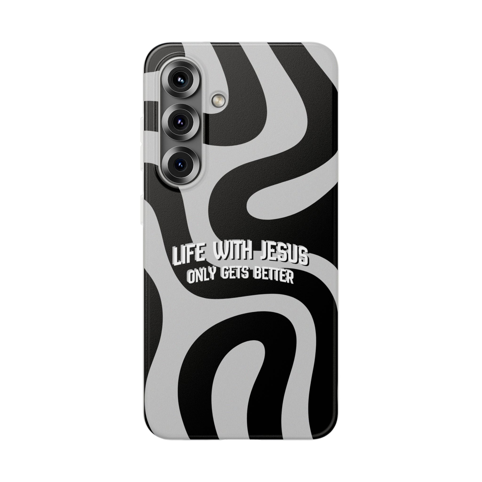 Religious Phone Case — "Life With Jesus Only Gets Better" Black & White Swirl Flexi Case
