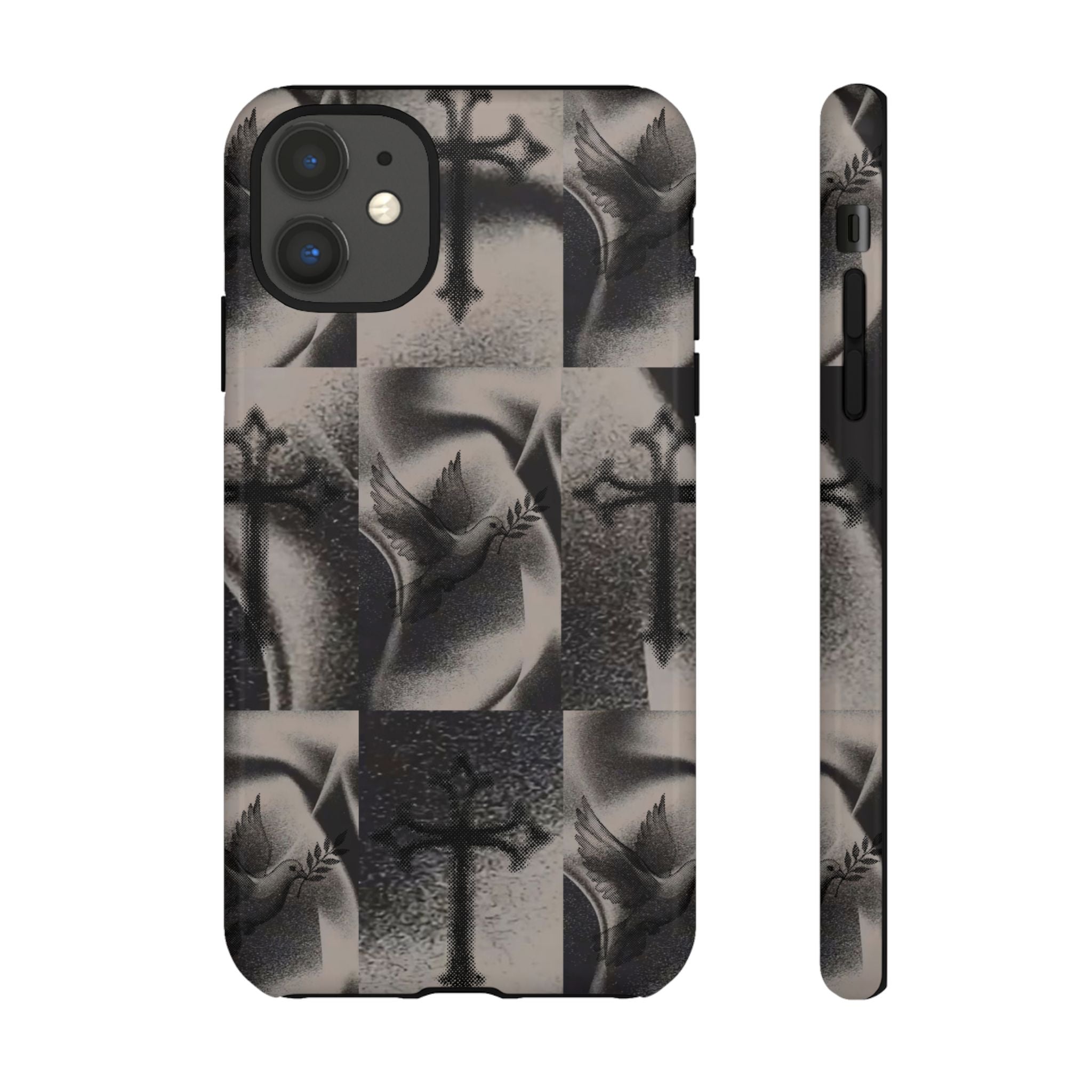 Gothic Cross & Dove Phone Case — Moody Checkerboard Protective Case