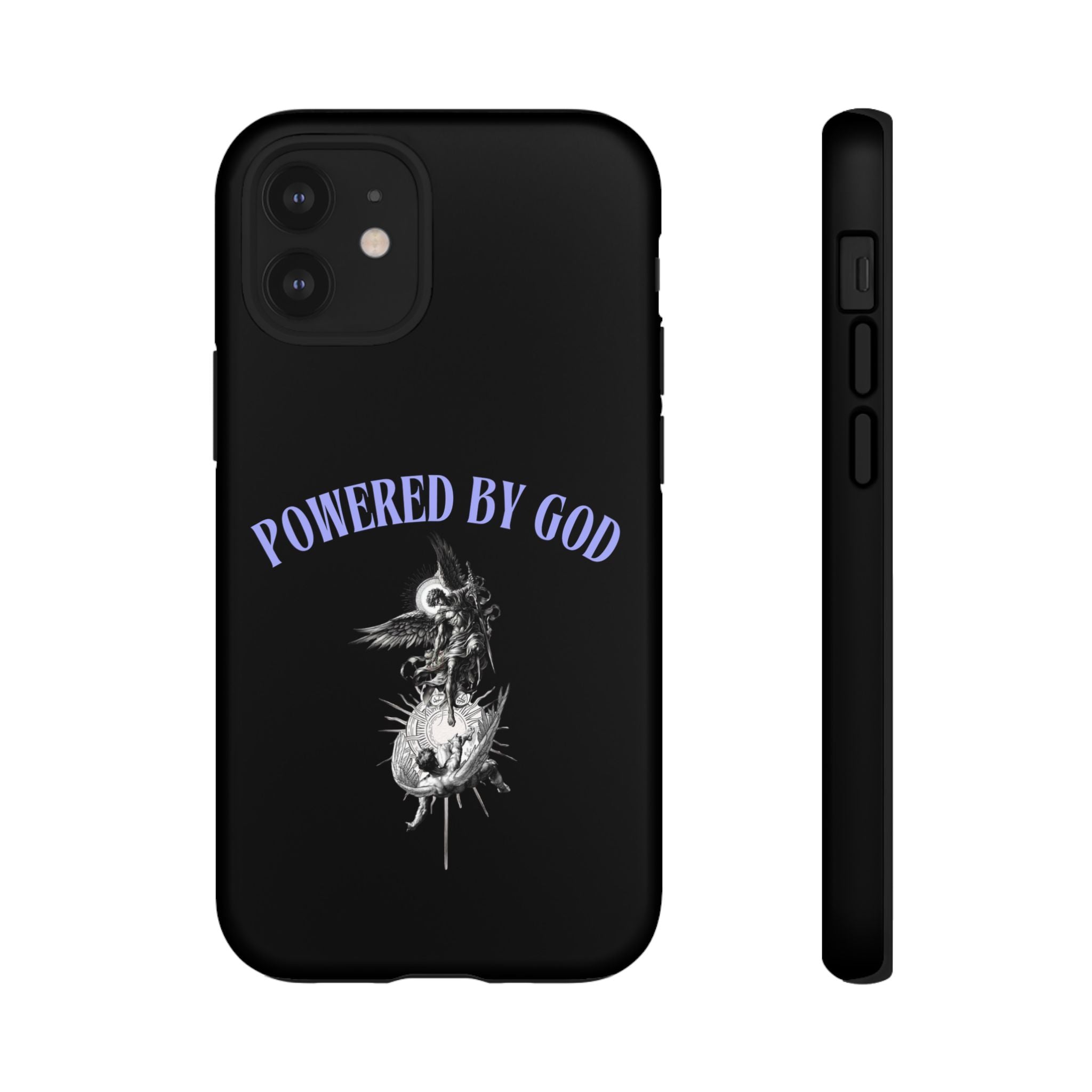 Phone Case — "Powered by God" Black Protective Case with Angelic Skull Design