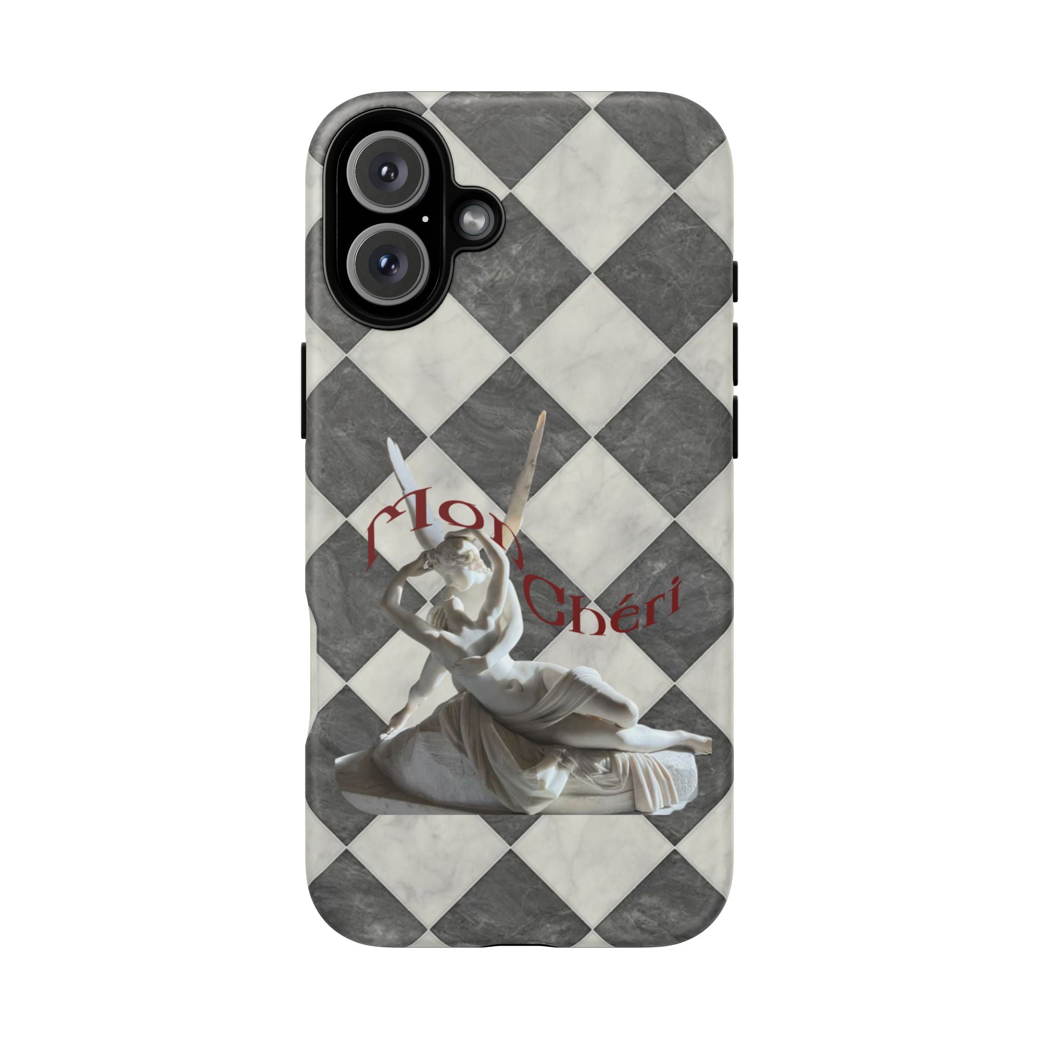Phone Case — Vintage Harlequin Design with 'Mon Cheri' Statue Accent
