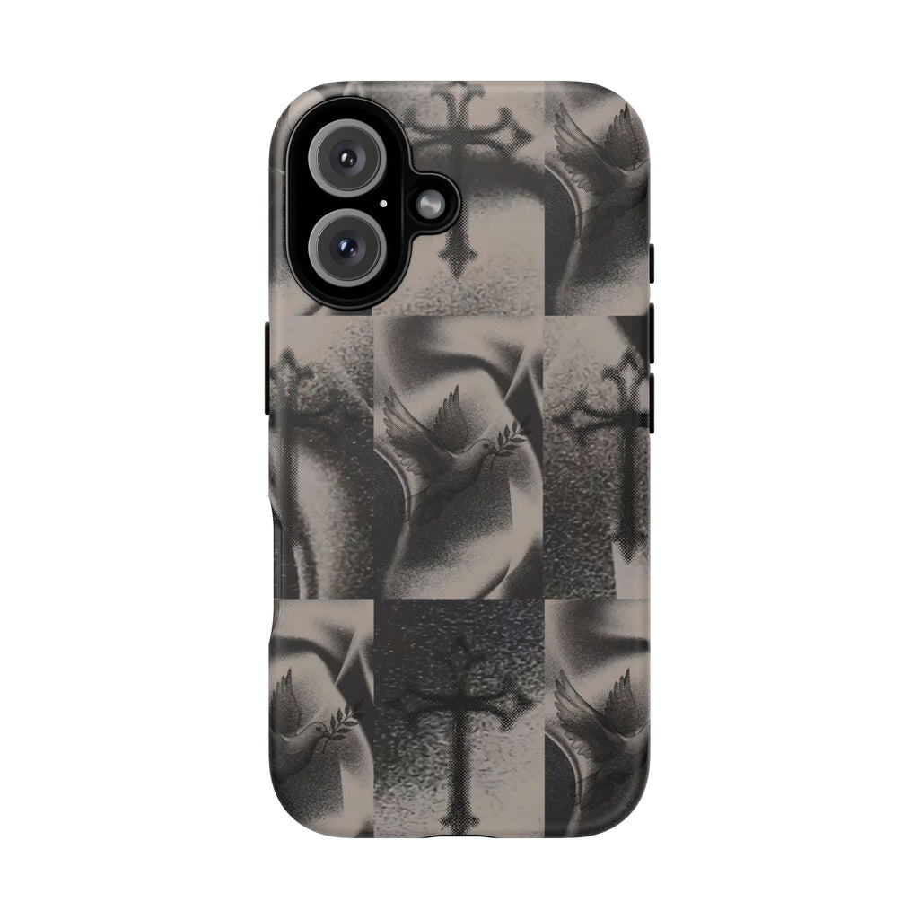 Gothic Cross & Dove Phone Case — Moody Checkerboard Protective Case