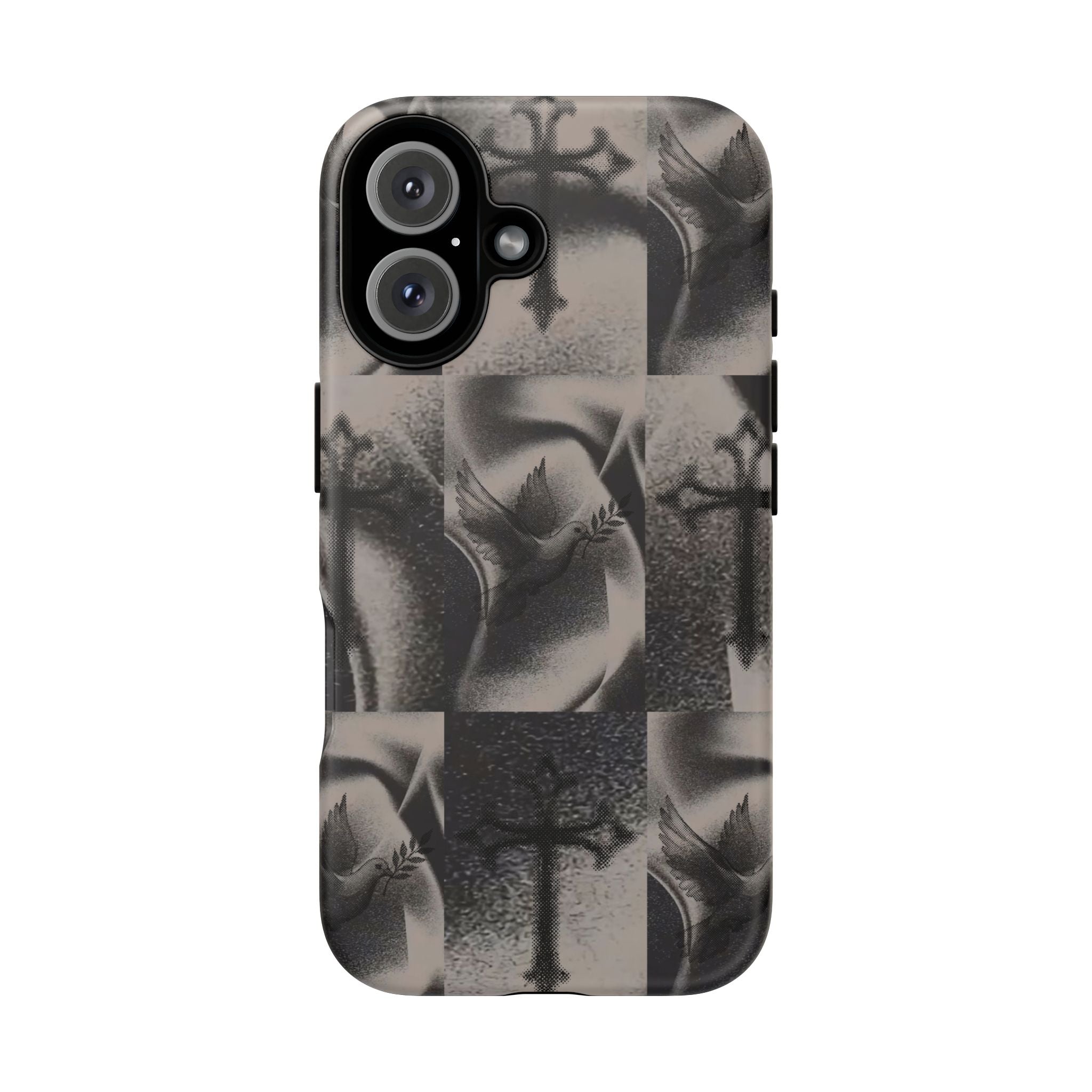 Gothic Cross & Dove Phone Case — Moody Checkerboard Protective Case