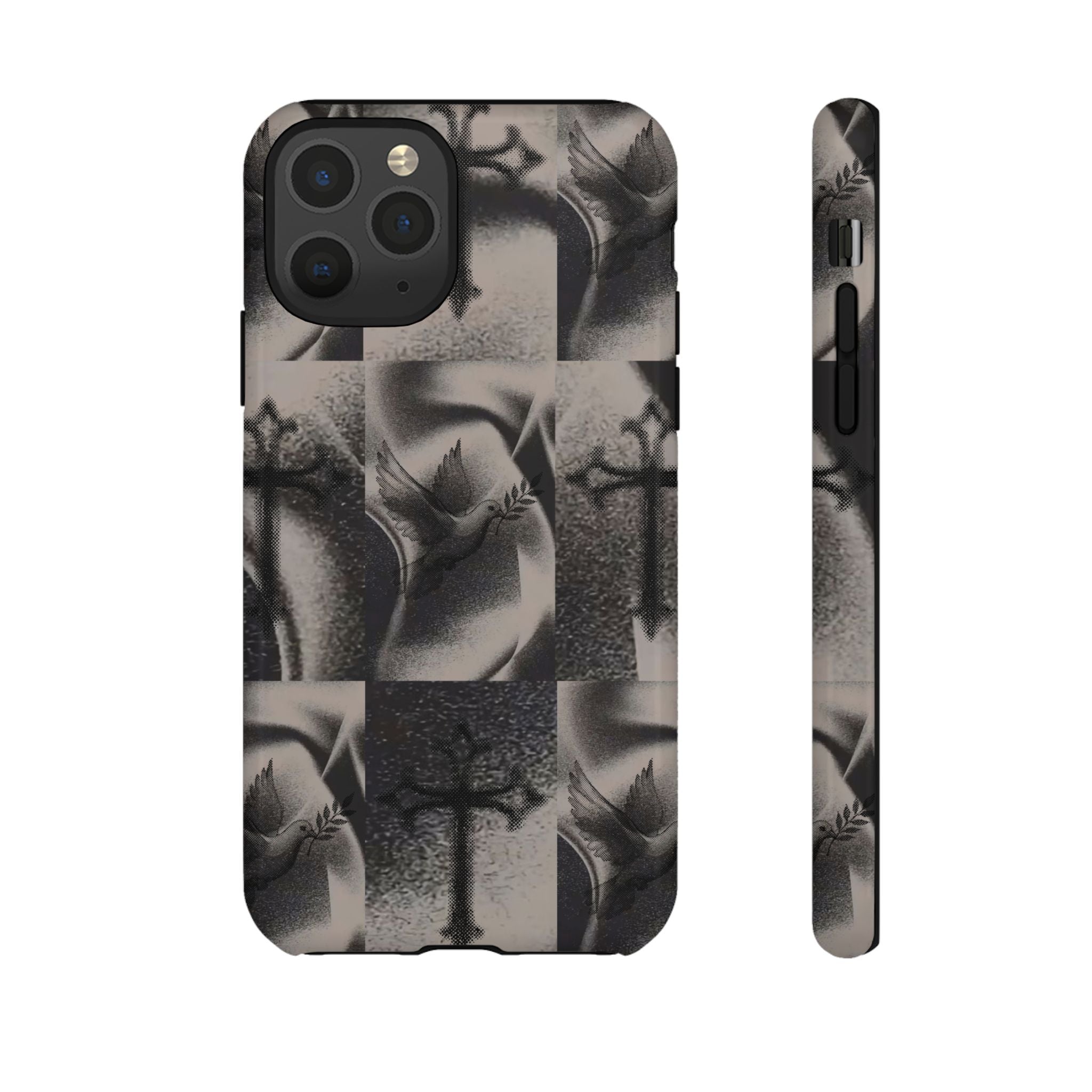 Gothic Cross & Dove Phone Case — Moody Checkerboard Protective Case