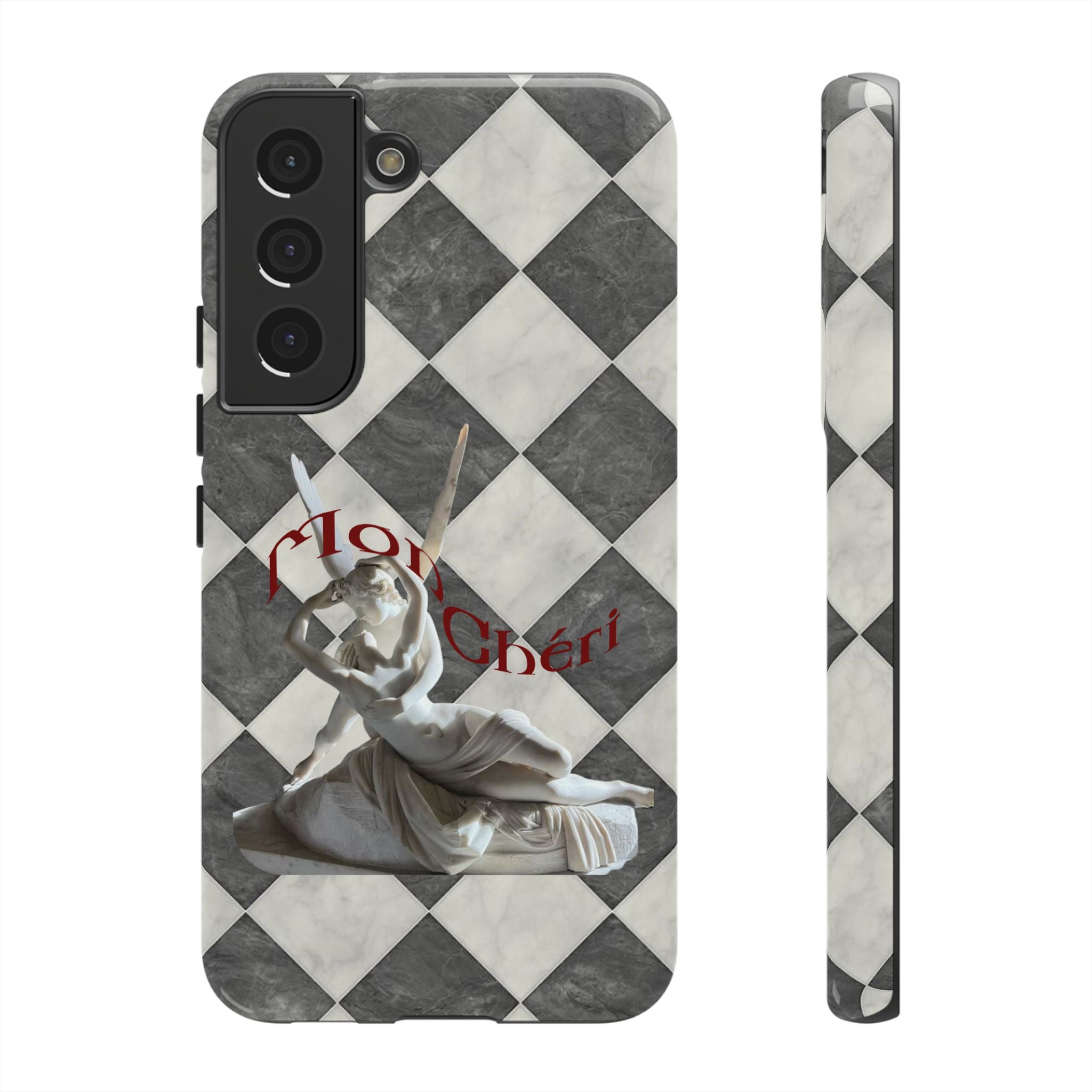 Phone Case — Vintage Harlequin Design with 'Mon Cheri' Statue Accent