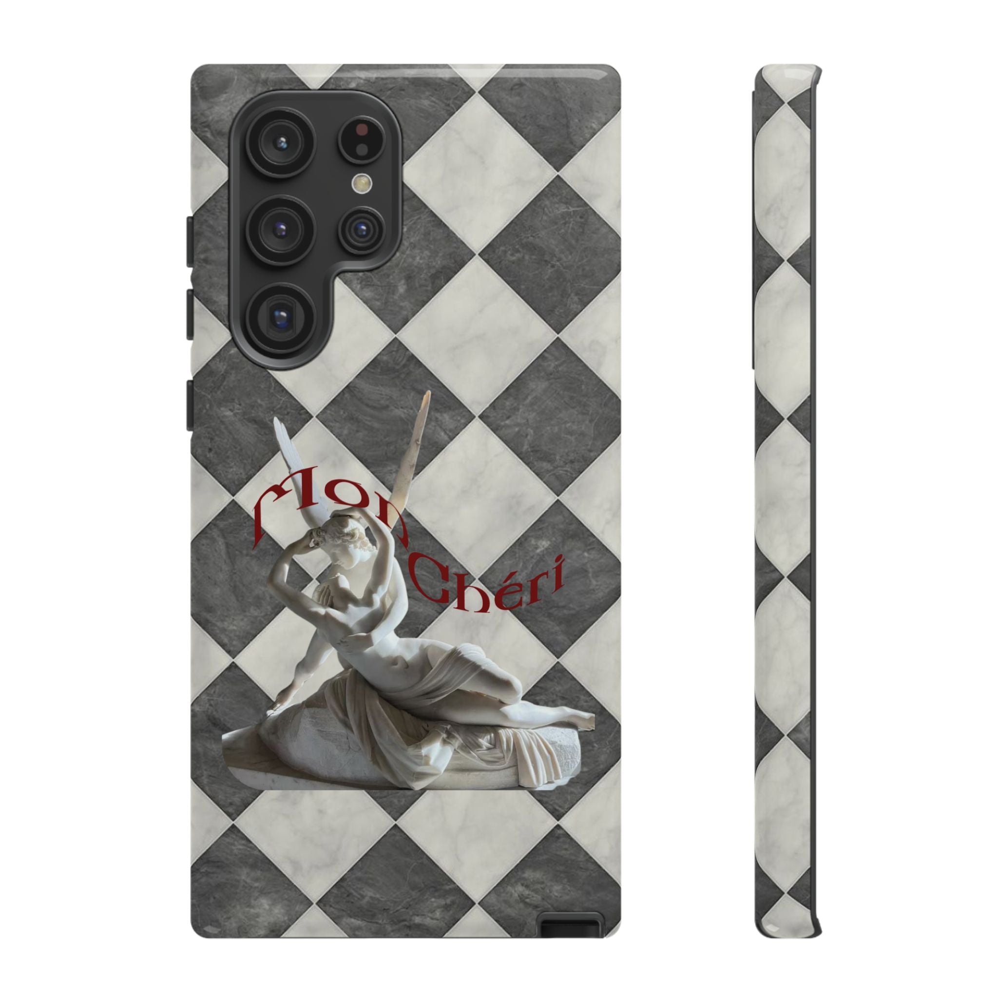 Phone Case — Vintage Harlequin Design with 'Mon Cheri' Statue Accent