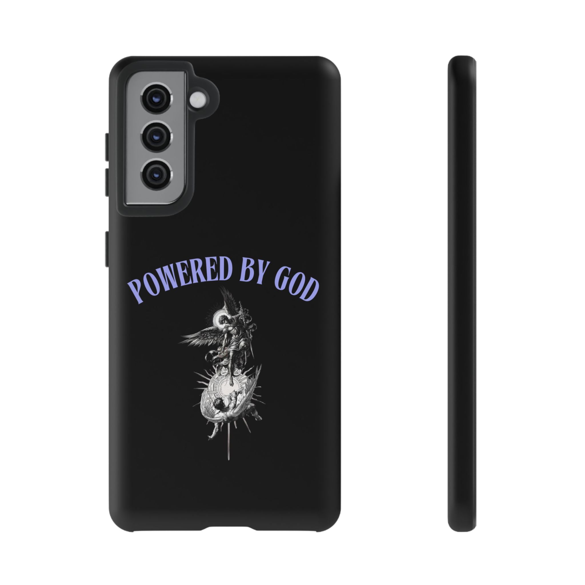 Phone Case — "Powered by God" Black Protective Case with Angelic Skull Design