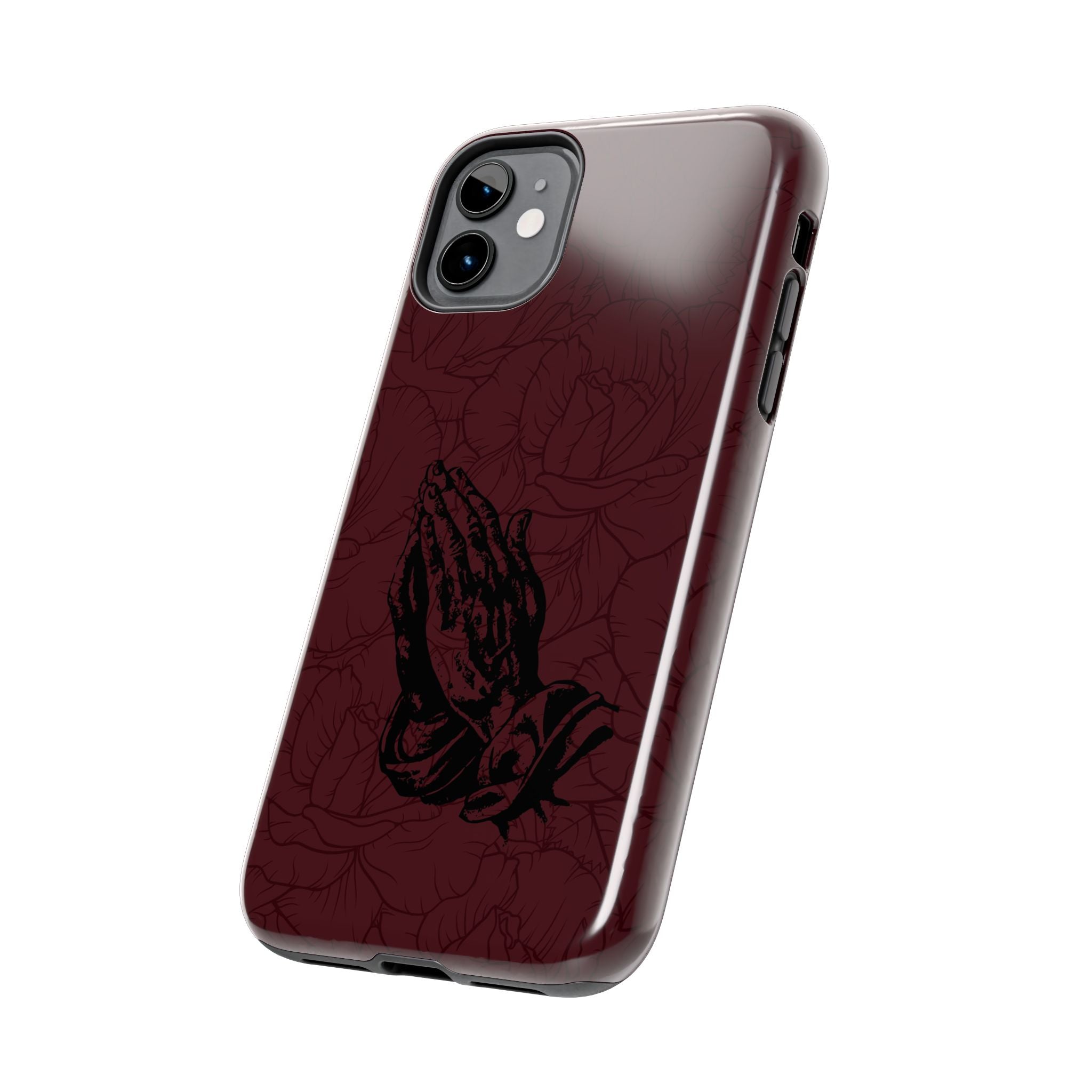 Burgundy Praying Hands Tough Phone Case – Floral Background, Religious Protective Cover