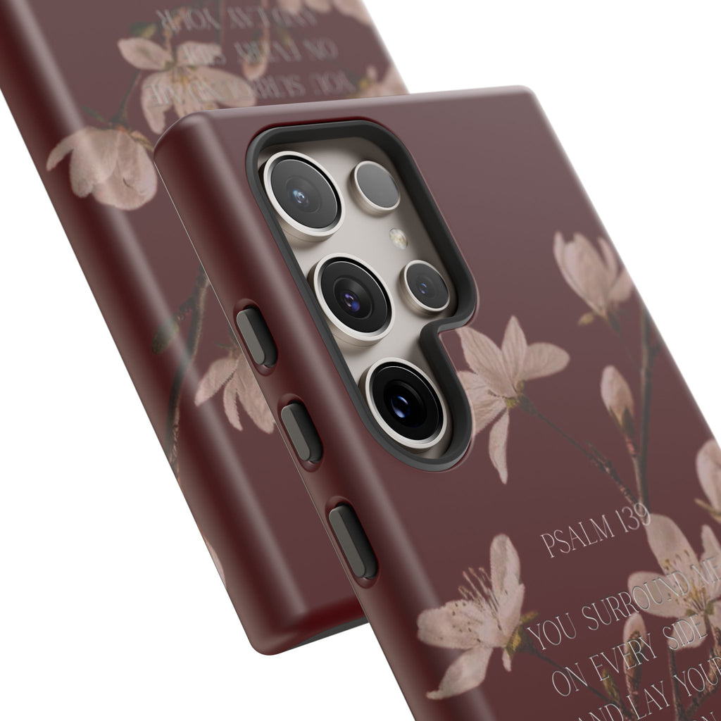 Floral Psalm Tough Phone Case — Burgundy Magnolia Branch with Psalm 139 Verse