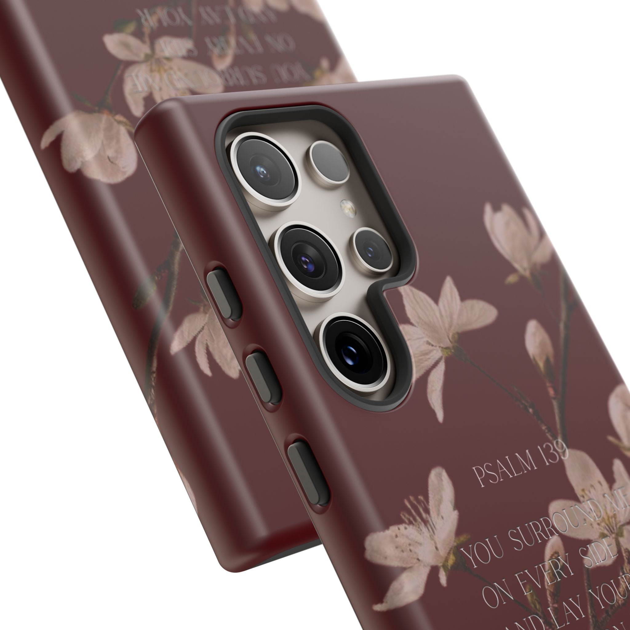 Floral Psalm Tough Phone Case — Burgundy Magnolia Branch with Psalm 139 Verse