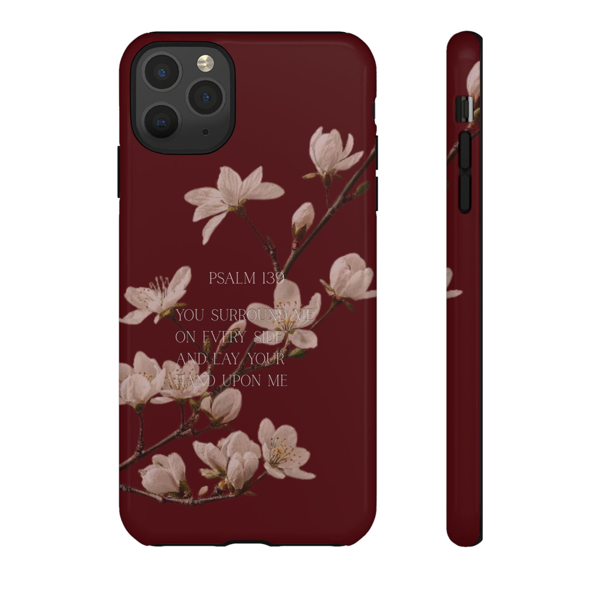 Floral Psalm Tough Phone Case — Burgundy Magnolia Branch with Psalm 139 Verse